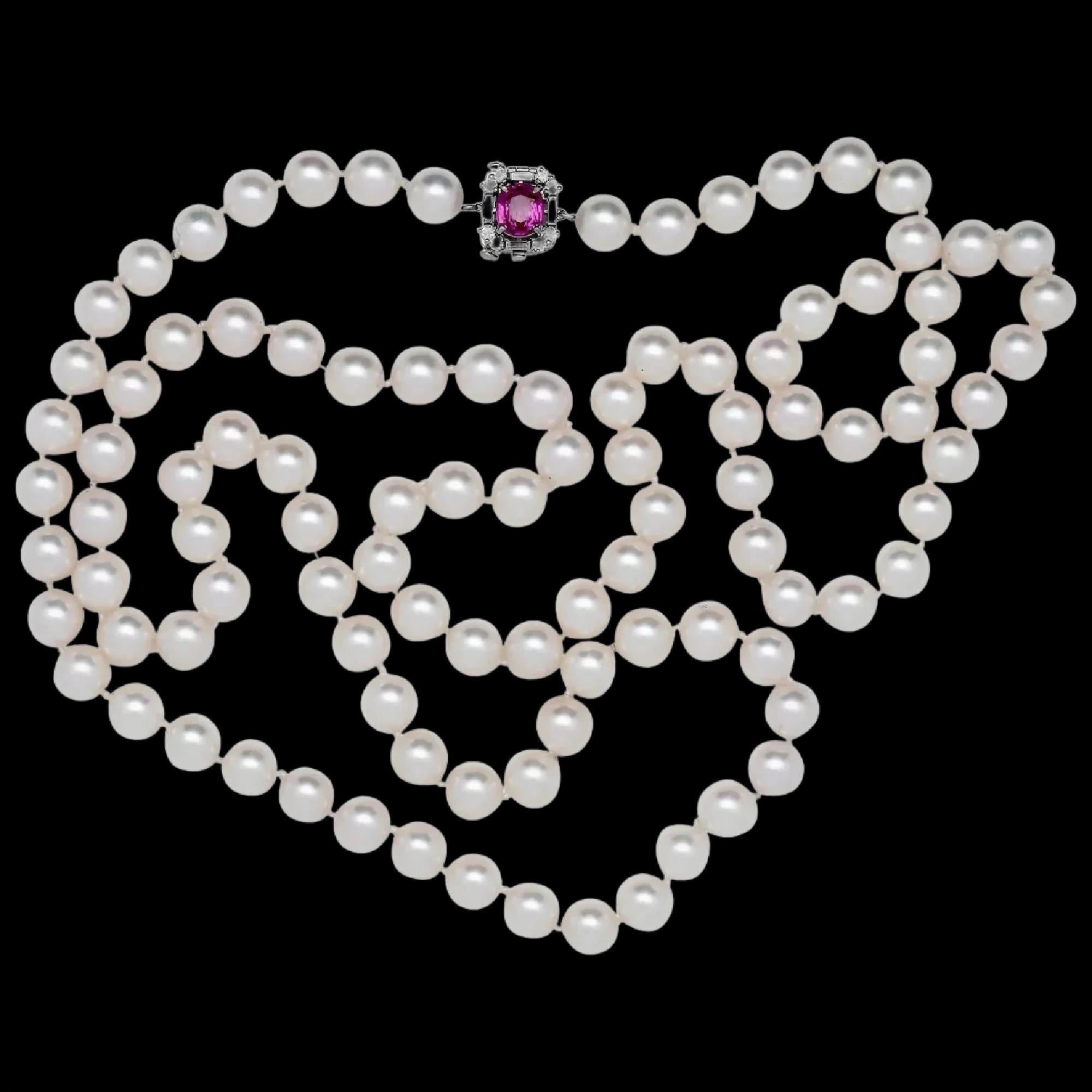 Art Deco Pink Sapphire, & Diamond Pearl Necklace In Good Condition In Boston, MA