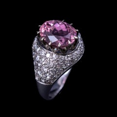 Art Deco Pink Tourmaline Diamond Pave Bombe Cocktail Ring Platinum 1930s
