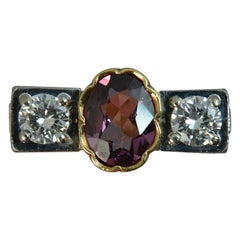 Art Deco Pink Tourmaline VS1 0.9 Carat Diamond 18 Carat Gold Trilogy Ring