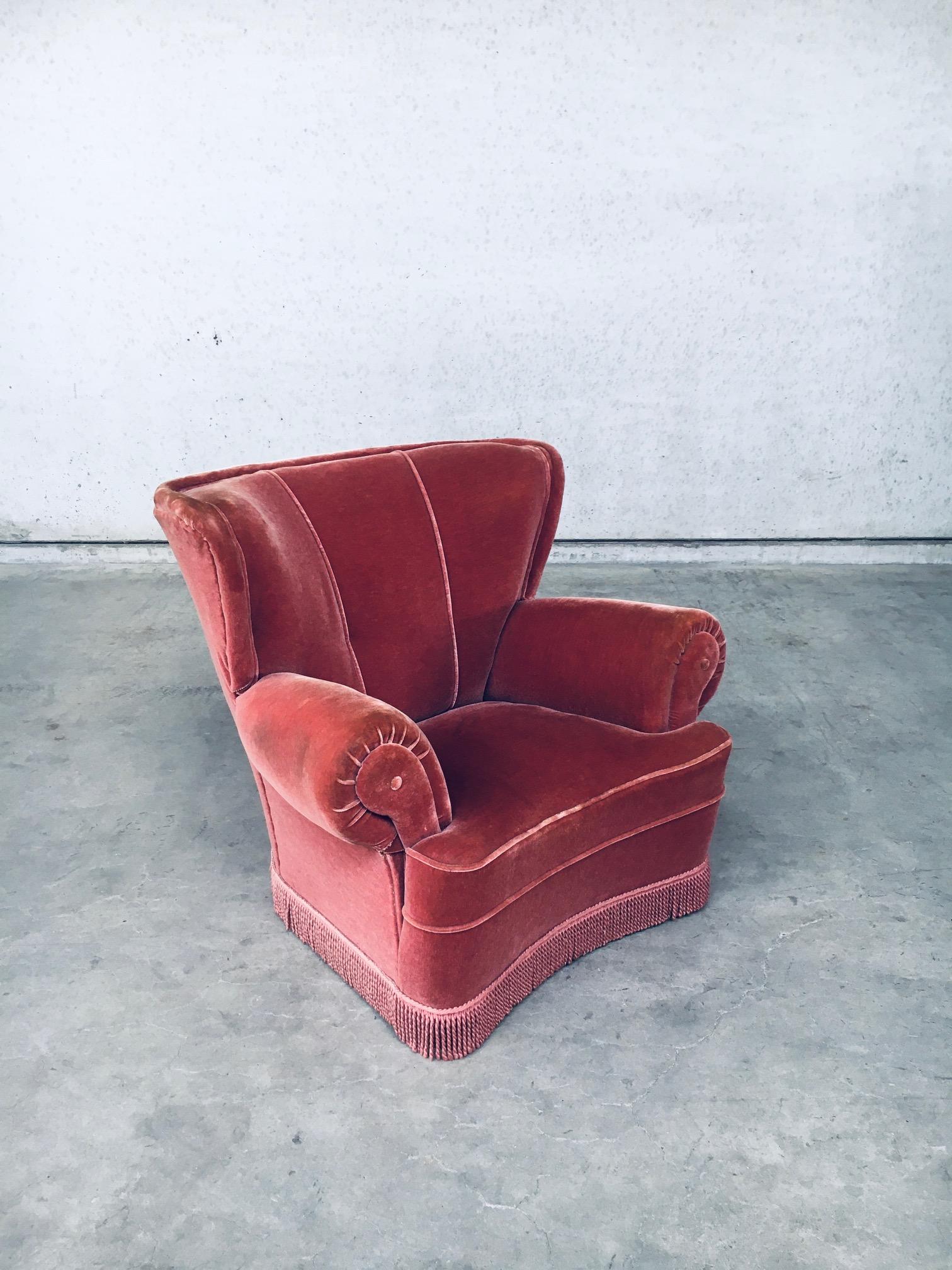 Art Deco Pink Velvet Armchair Fauteuil Set W Fringe, Italy, 1930s 2