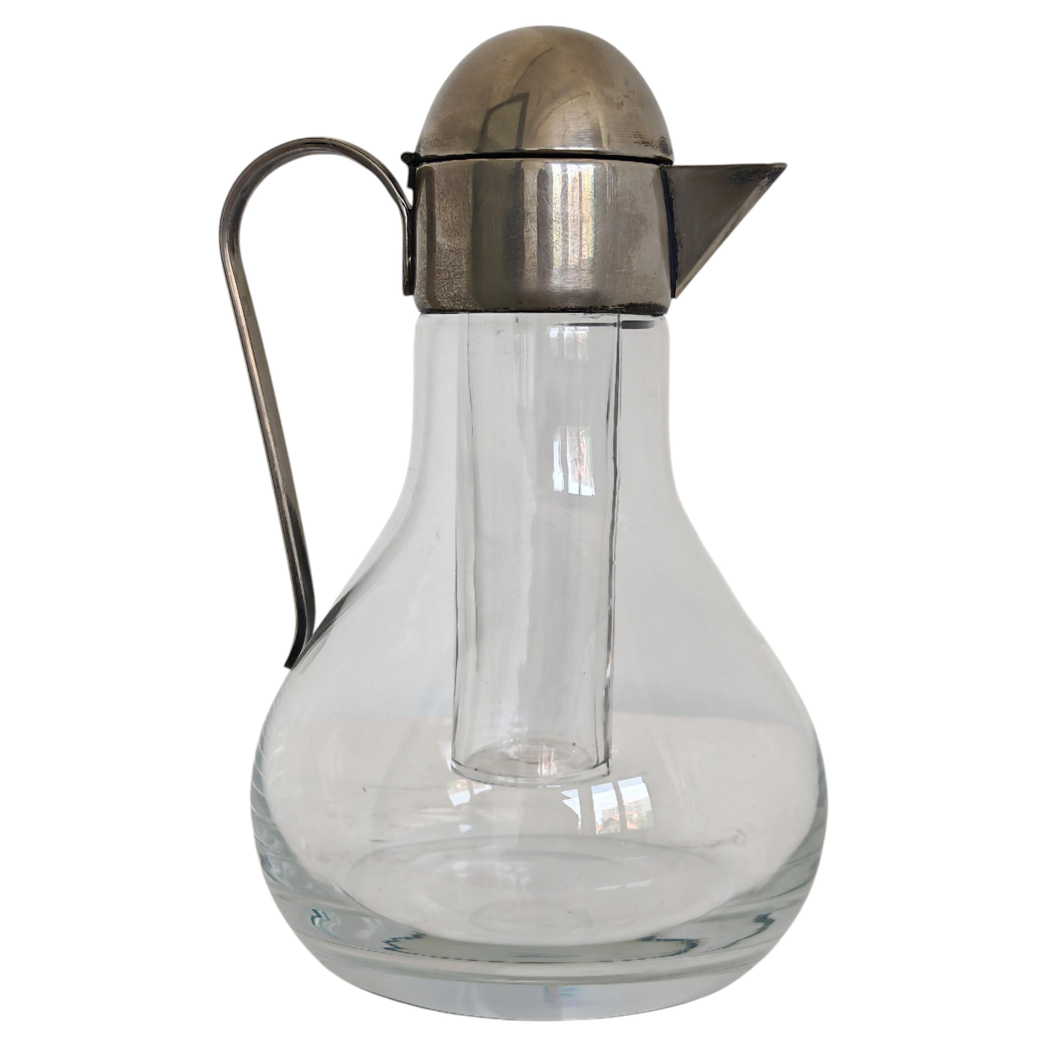 Art Deco pitcher with integrated ice cooler, glass and silver plate, Austria