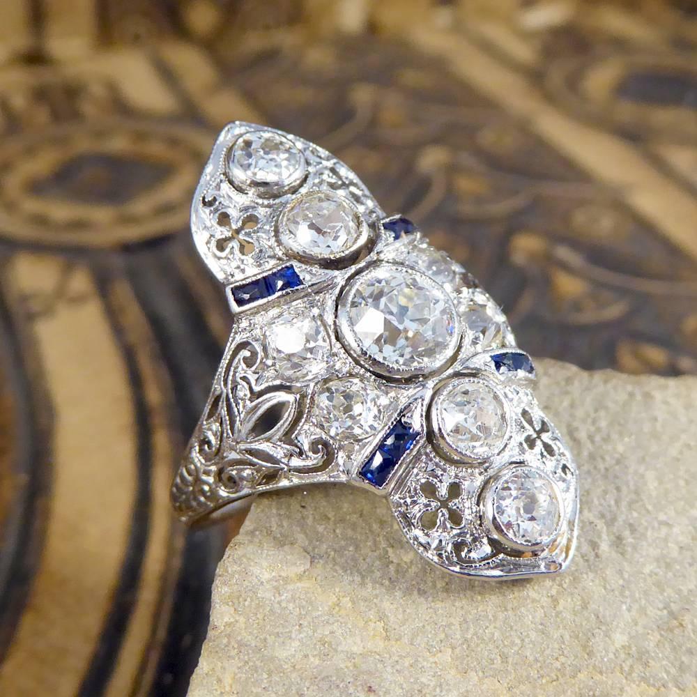 Art Deco Plaque Diamond and Sapphire 18 Carat Gold Ring 5