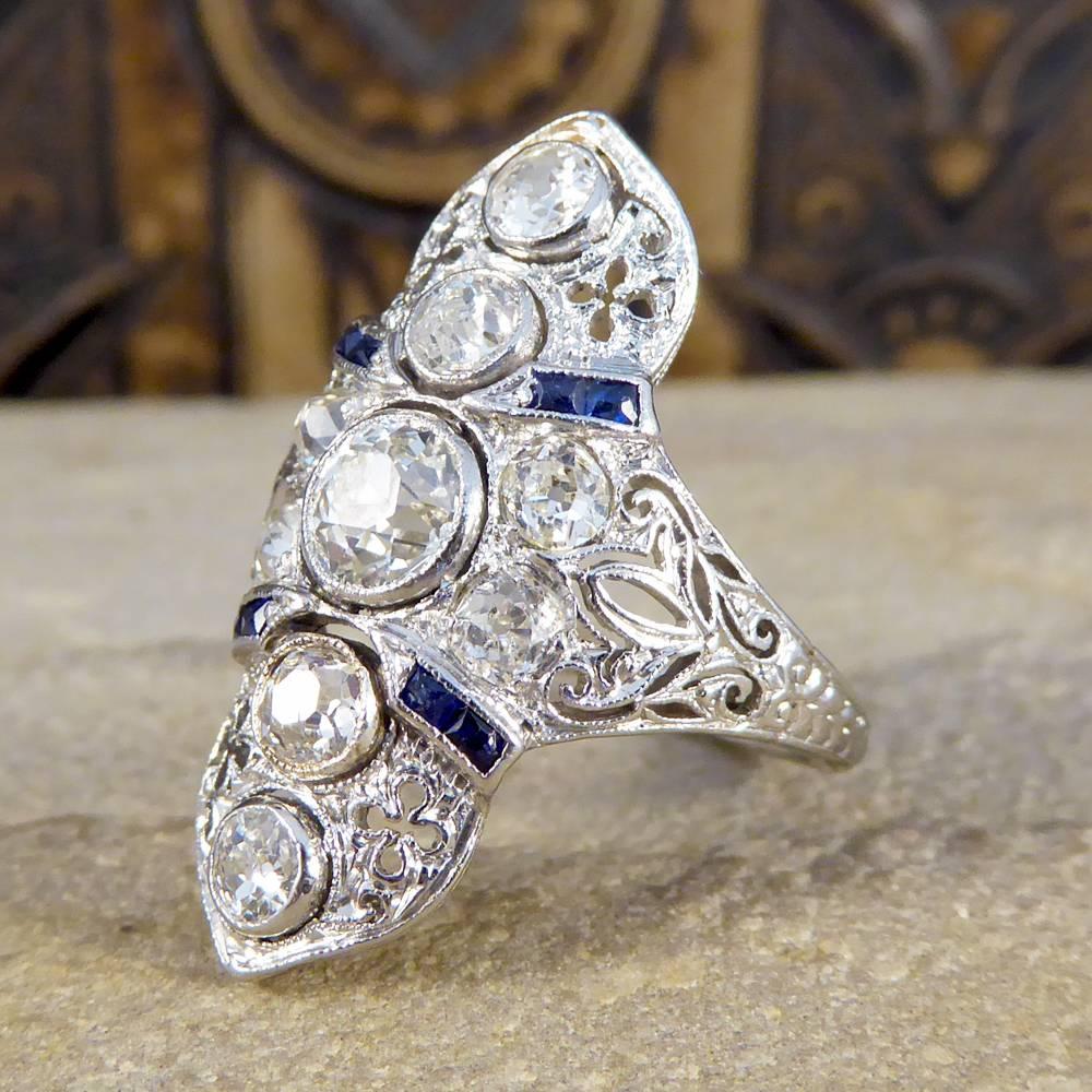 Women's Art Deco Plaque Diamond and Sapphire 18 Carat Gold Ring