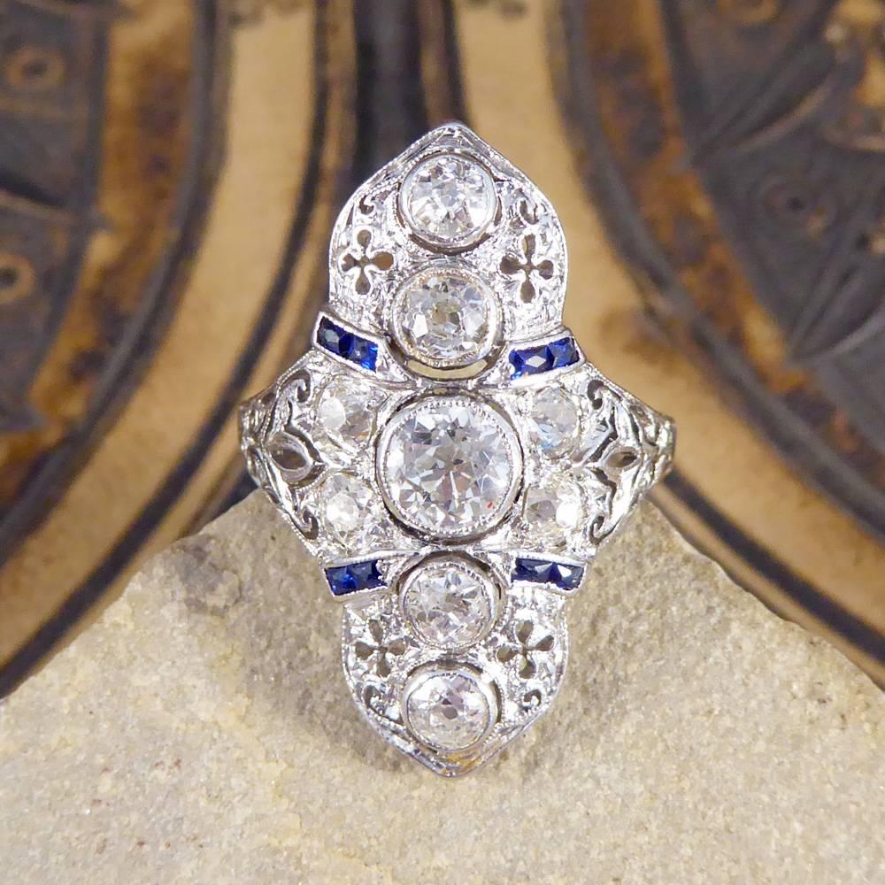 Art Deco Plaque Diamond and Sapphire 18 Carat Gold Ring 2