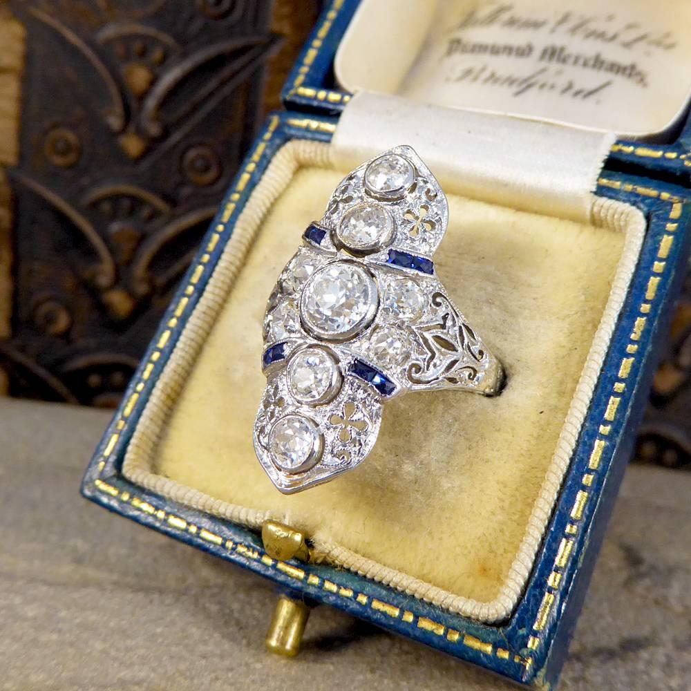 Art Deco Plaque Diamond and Sapphire 18 Carat Gold Ring 4