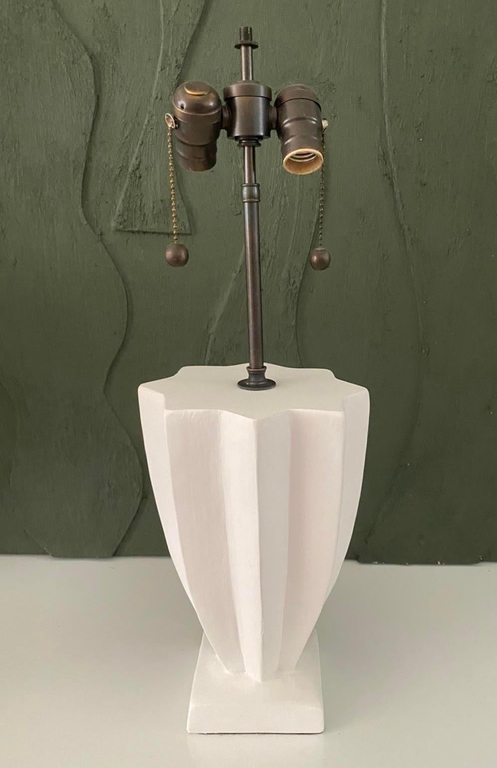Hand made plaster lamp in the manor of Jean Michel Frank with split socket and cloth-covered beige cord. UL listed split socket.