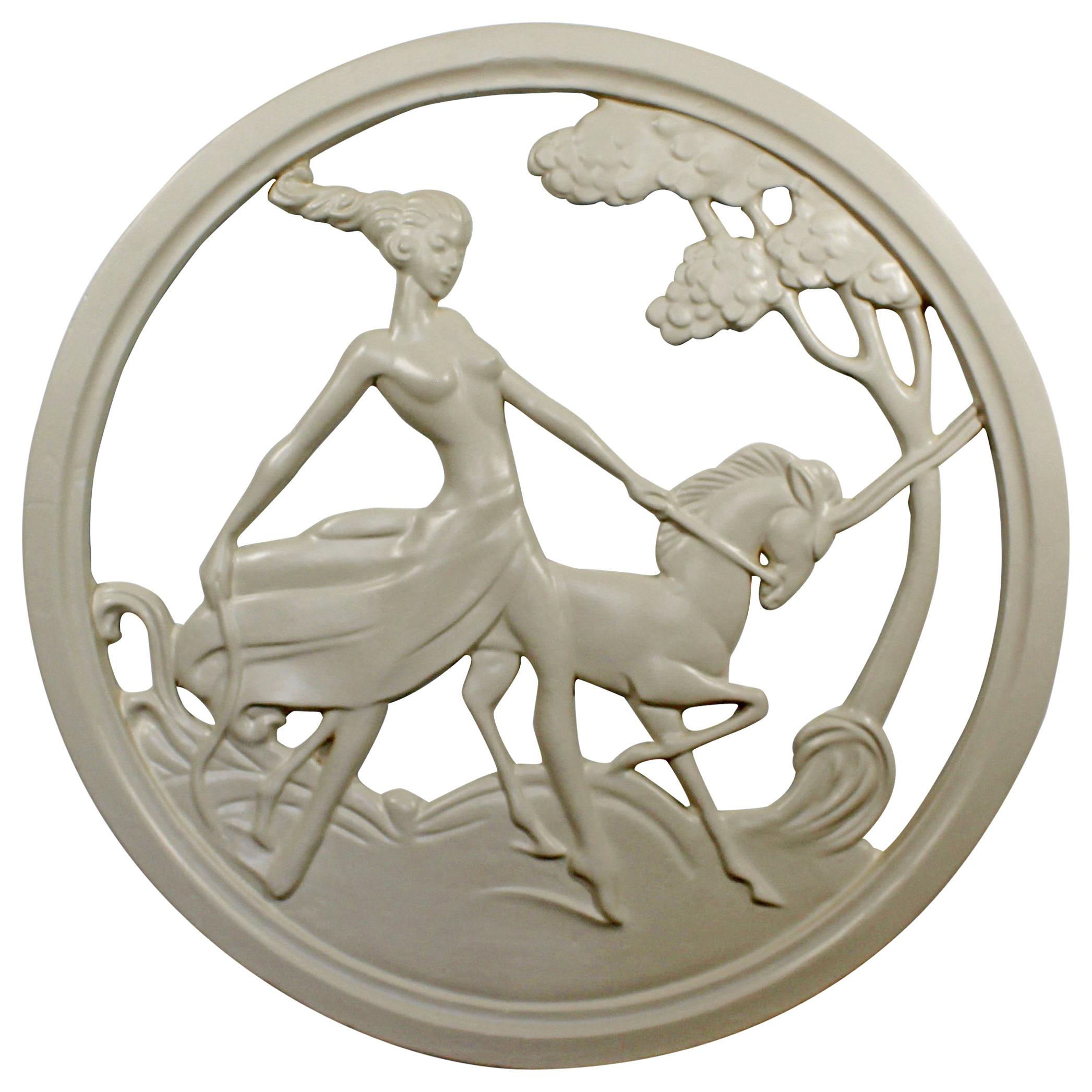 Art Deco Plaster Medallion from a New Orleans Brothel of a Female on a Unicorn