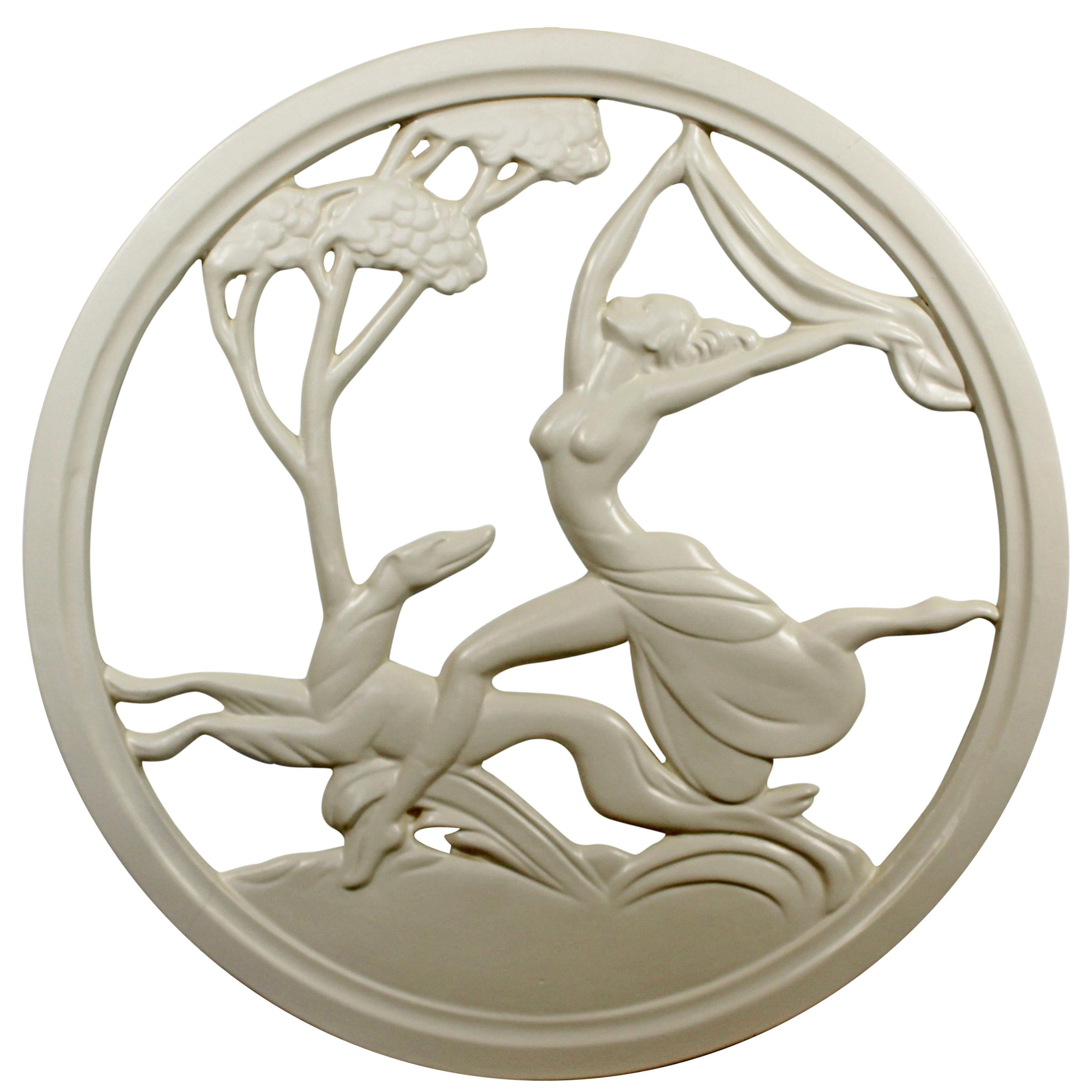 Art Deco Plaster Medallion from New Orleans Brothel of a Female & Greyhound