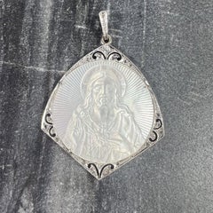 Art Deco Plat. 18K Mother of Pearl & Diamond Jesus Engraved Religious Pendant