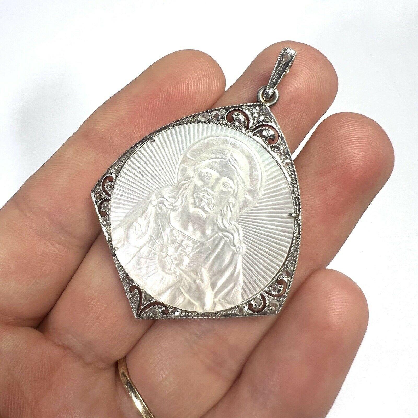 Art Deco Plat. 18K Mother of Pearl & Diamond Jesus Engraved Religious Pendant For Sale 1