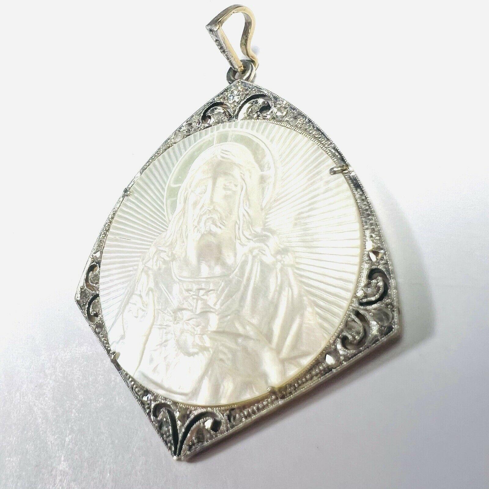Art Deco Plat. 18K Mother of Pearl & Diamond Jesus Engraved Religious Pendant For Sale 4