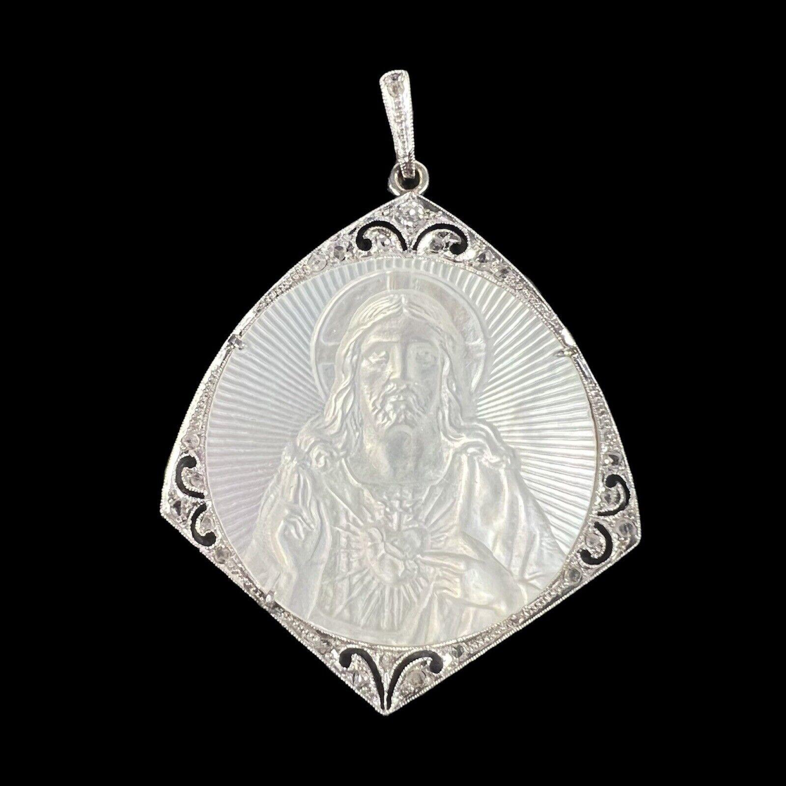 Art Deco Plat. 18K Mother of Pearl & Diamond Jesus Engraved Religious Pendant For Sale 5