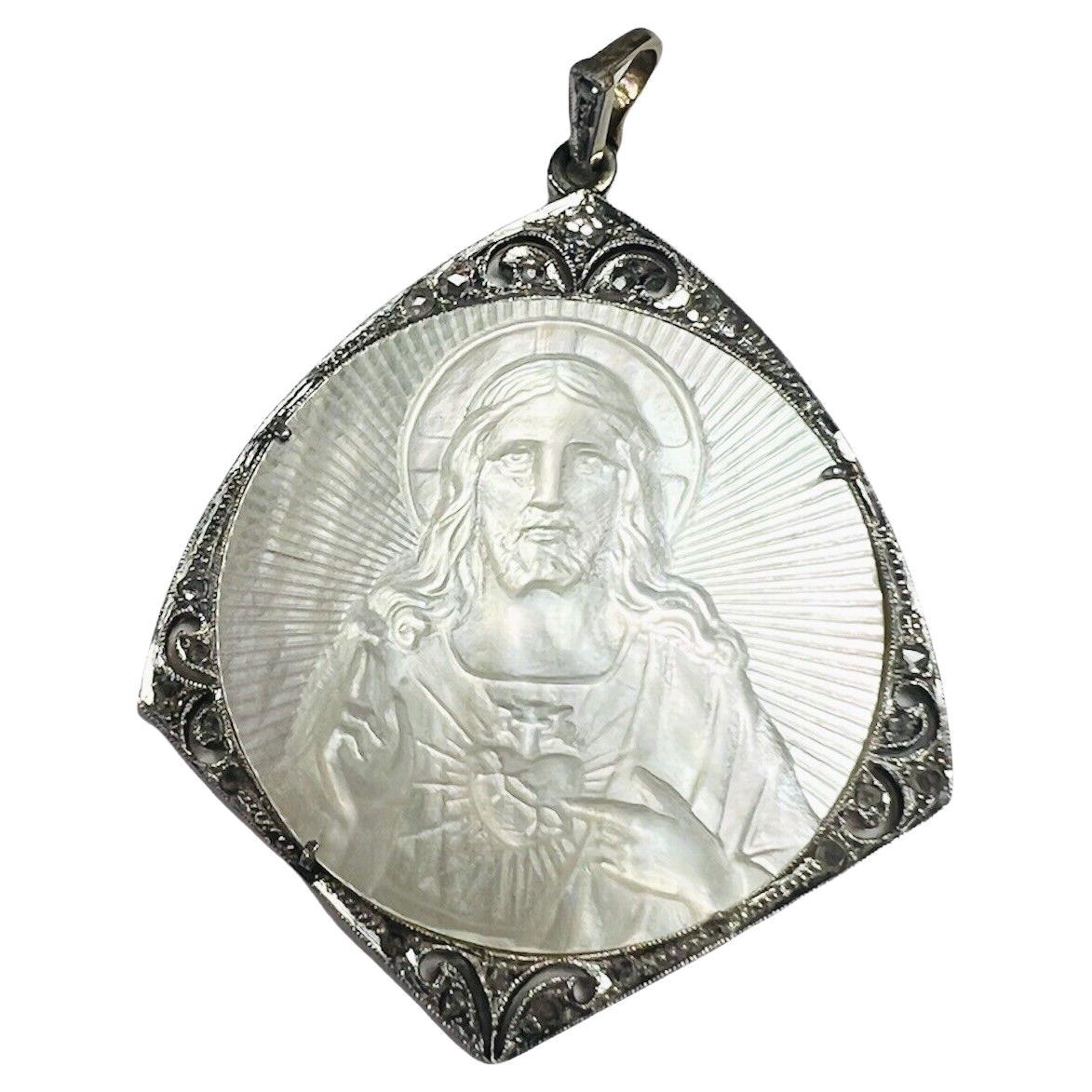 Art Deco Plat. 18K Mother of Pearl & Diamond Jesus Engraved Religious Pendant For Sale