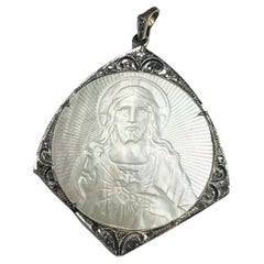 Art Deco Plat. 18K Mother of Pearl & Diamond Jesus Engraved Religious Pendant