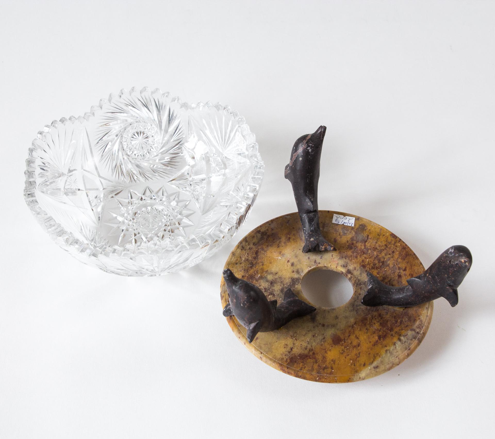 European Art Deco Plateau With Dolphins, Crystal Glass, Stone, 1930s For Sale