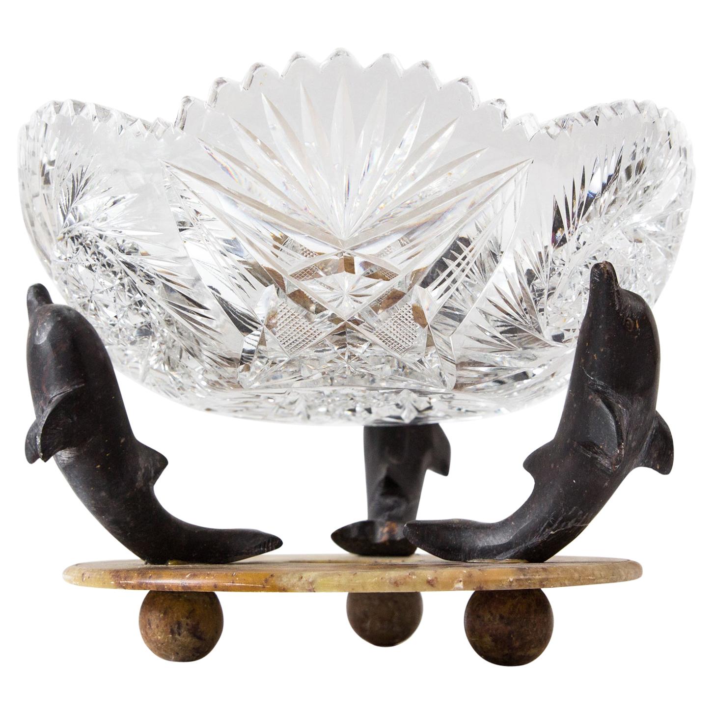 Art Deco Plateau With Dolphins, Crystal Glass, Stone, 1930s For Sale