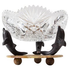 Vintage Art Deco Plateau With Dolphins, Crystal Glass, Stone, 1930s