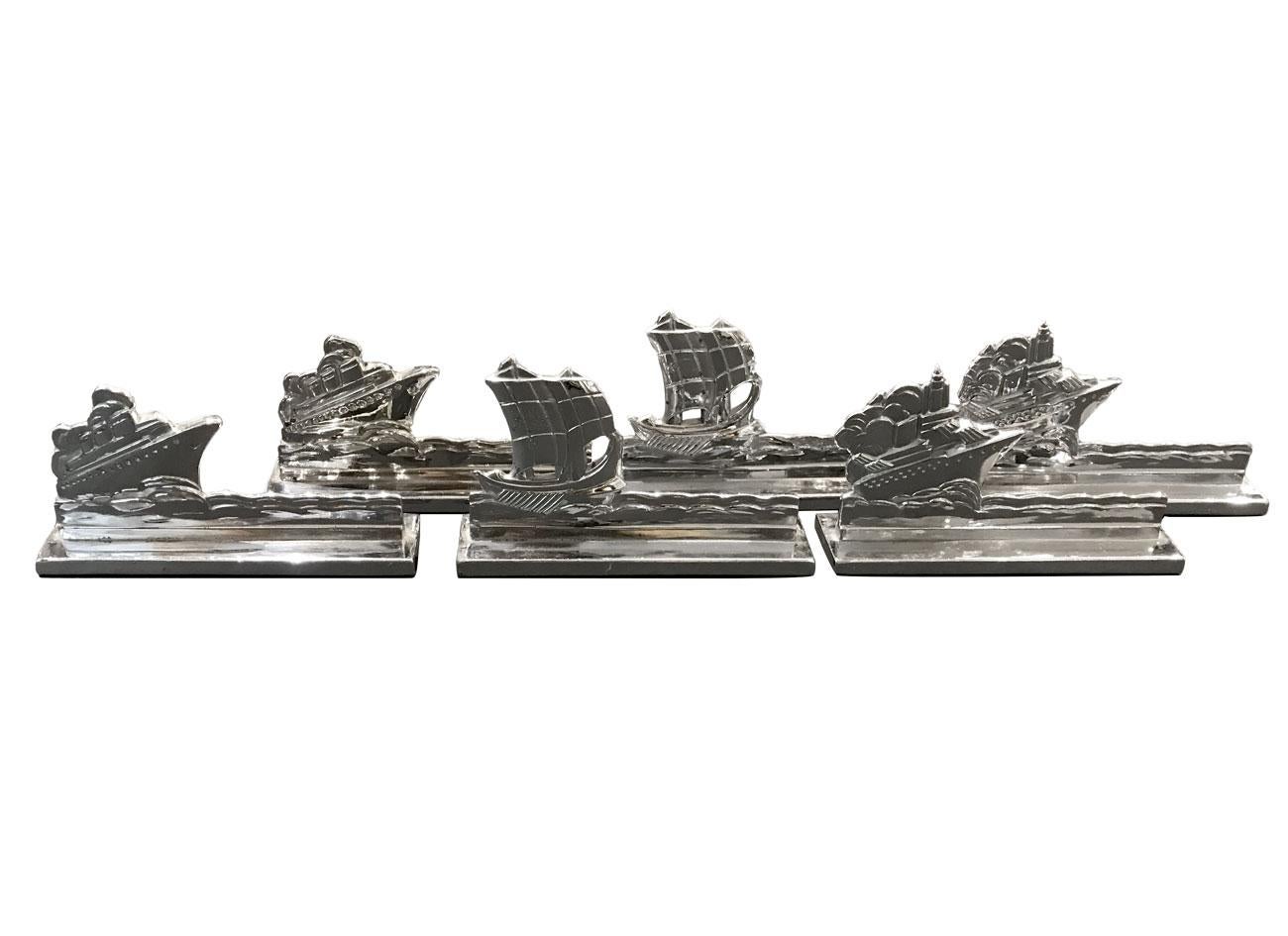 French Art Deco Plated Boats Knife Holder Set of 12 Silver For Sale