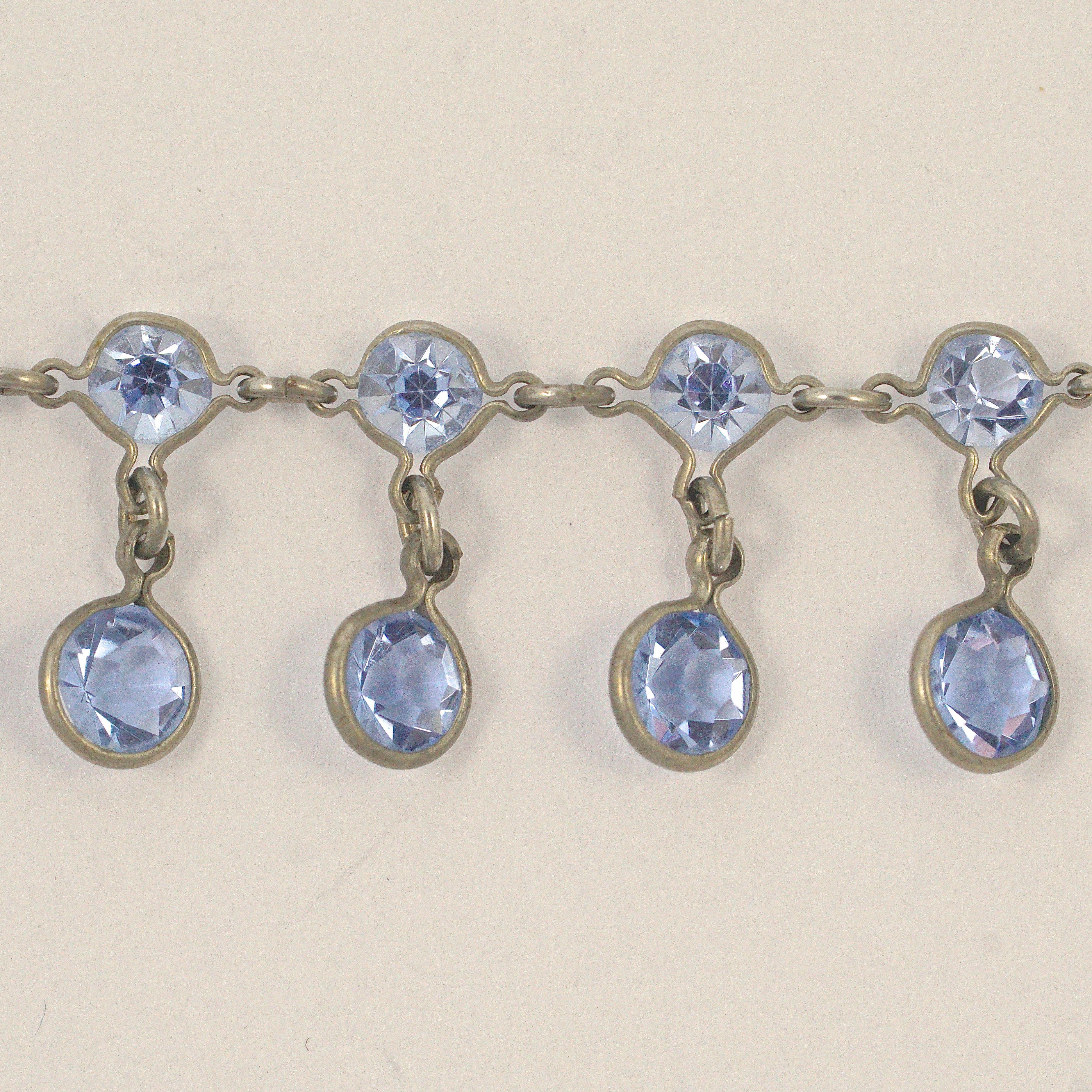 Women's or Men's Art Deco Platinon Blue Crystal Drop Festoon Necklace circa 1920s For Sale