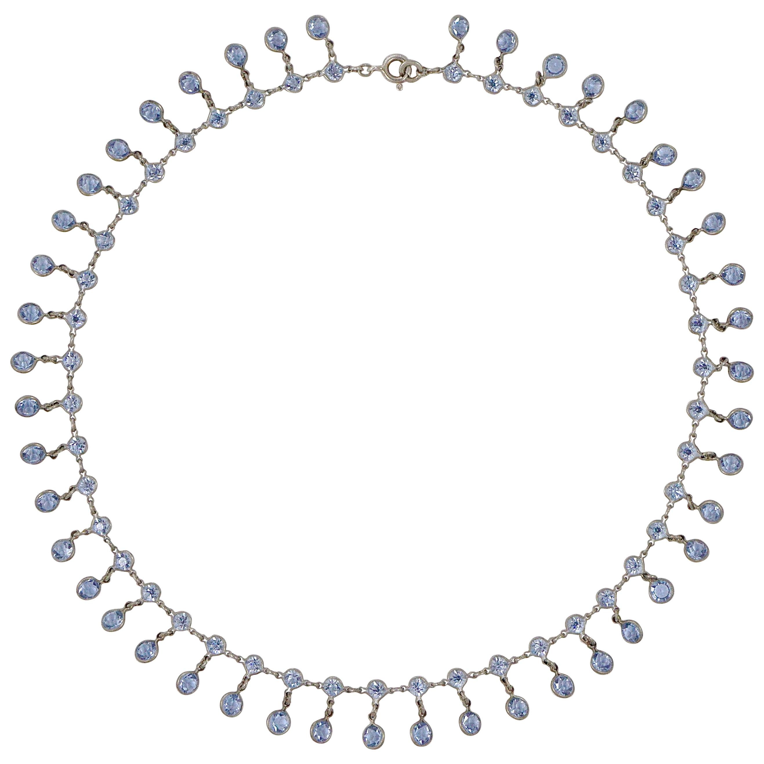 Art Deco Platinon Blue Crystal Drop Festoon Necklace circa 1920s For Sale