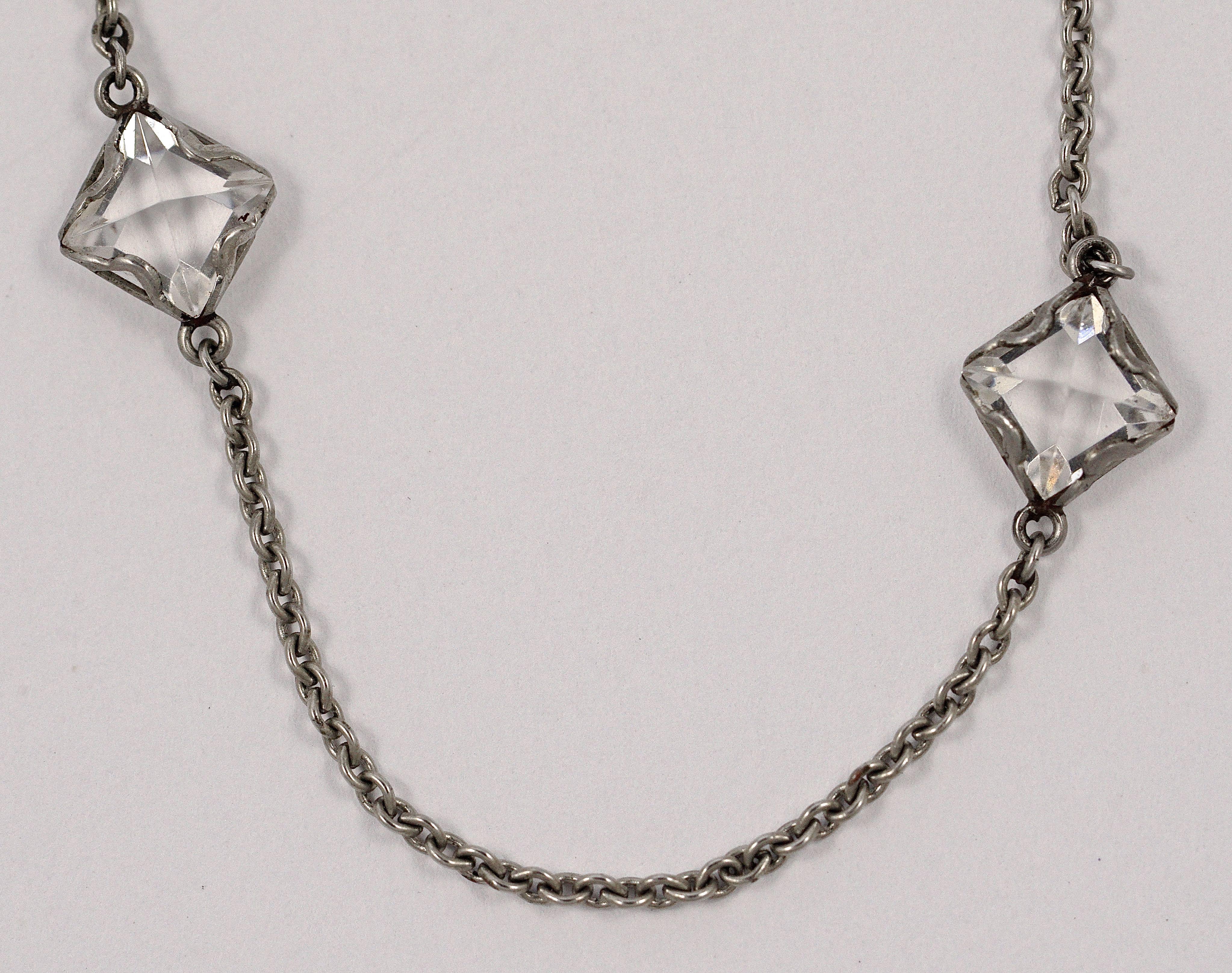 Art Deco Platinon Chain Necklace with Square Bezel Set Clear Crystals  For Sale 3