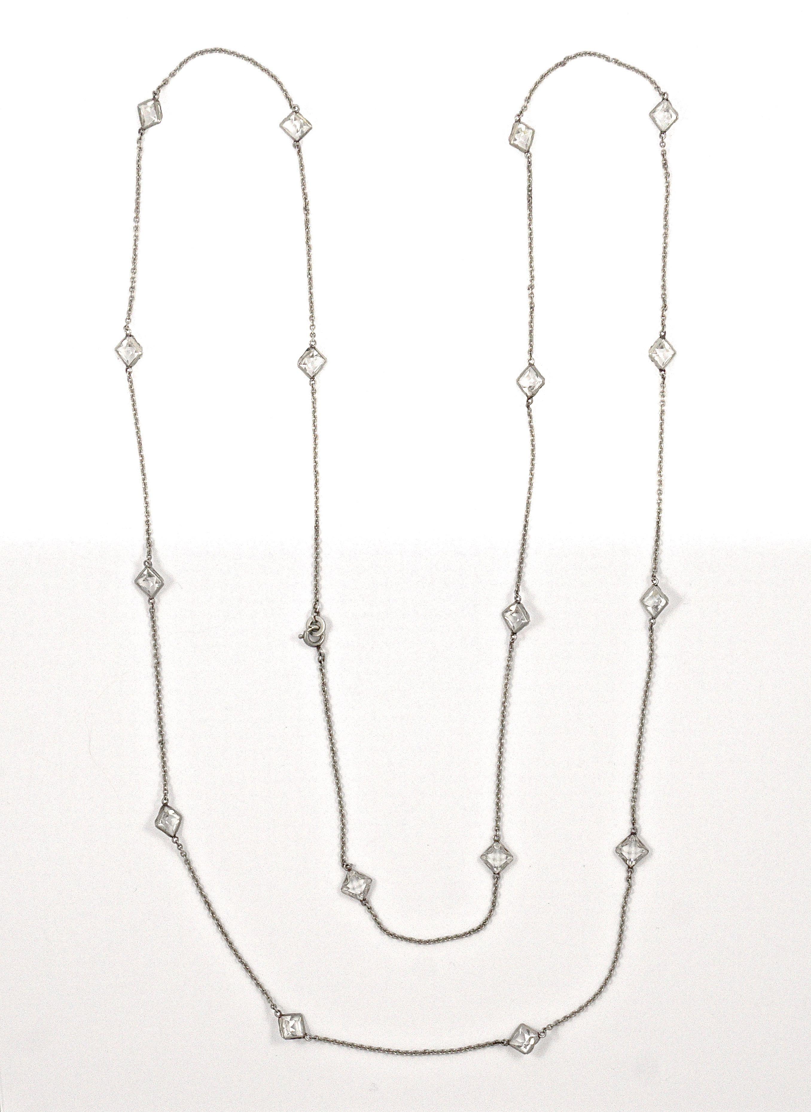 Art Deco Platinon Chain Necklace with Square Bezel Set Clear Crystals  For Sale 6