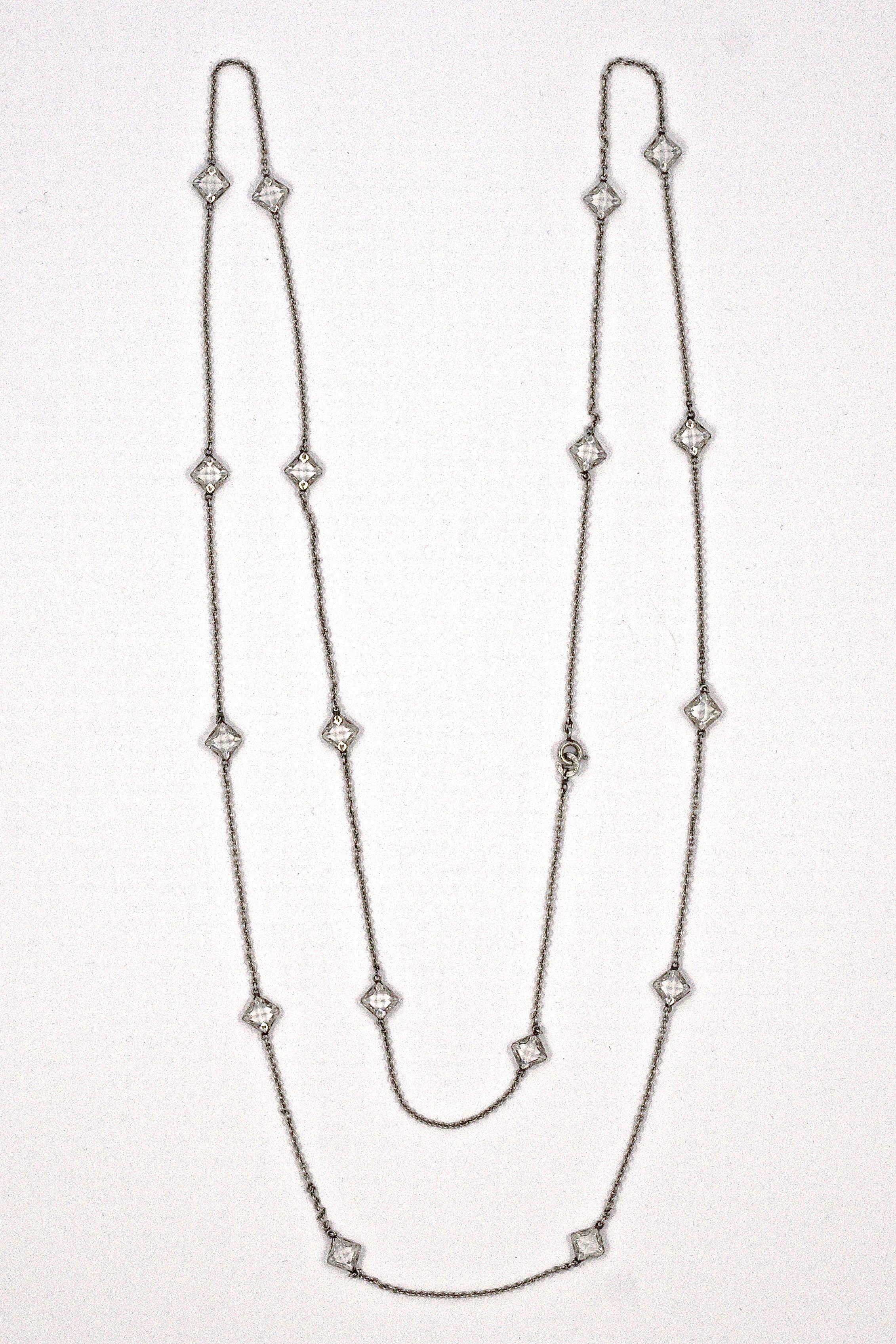 Art Deco Platinon Chain Necklace with Square Bezel Set Clear Crystals  For Sale 7