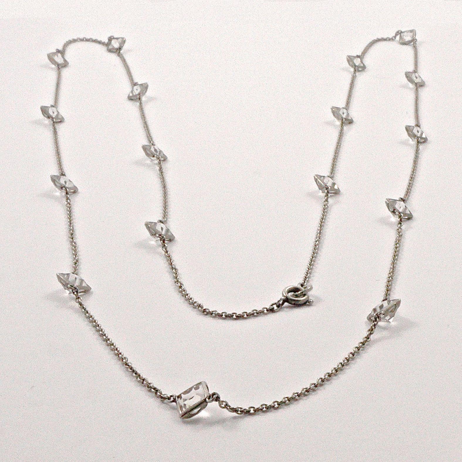 Art Deco Platinon Chain Necklace with Square Bezel Set Clear Crystals  For Sale 8