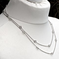 Art Deco Platinon Chain Necklace with Square Bezel Set Clear Crystals