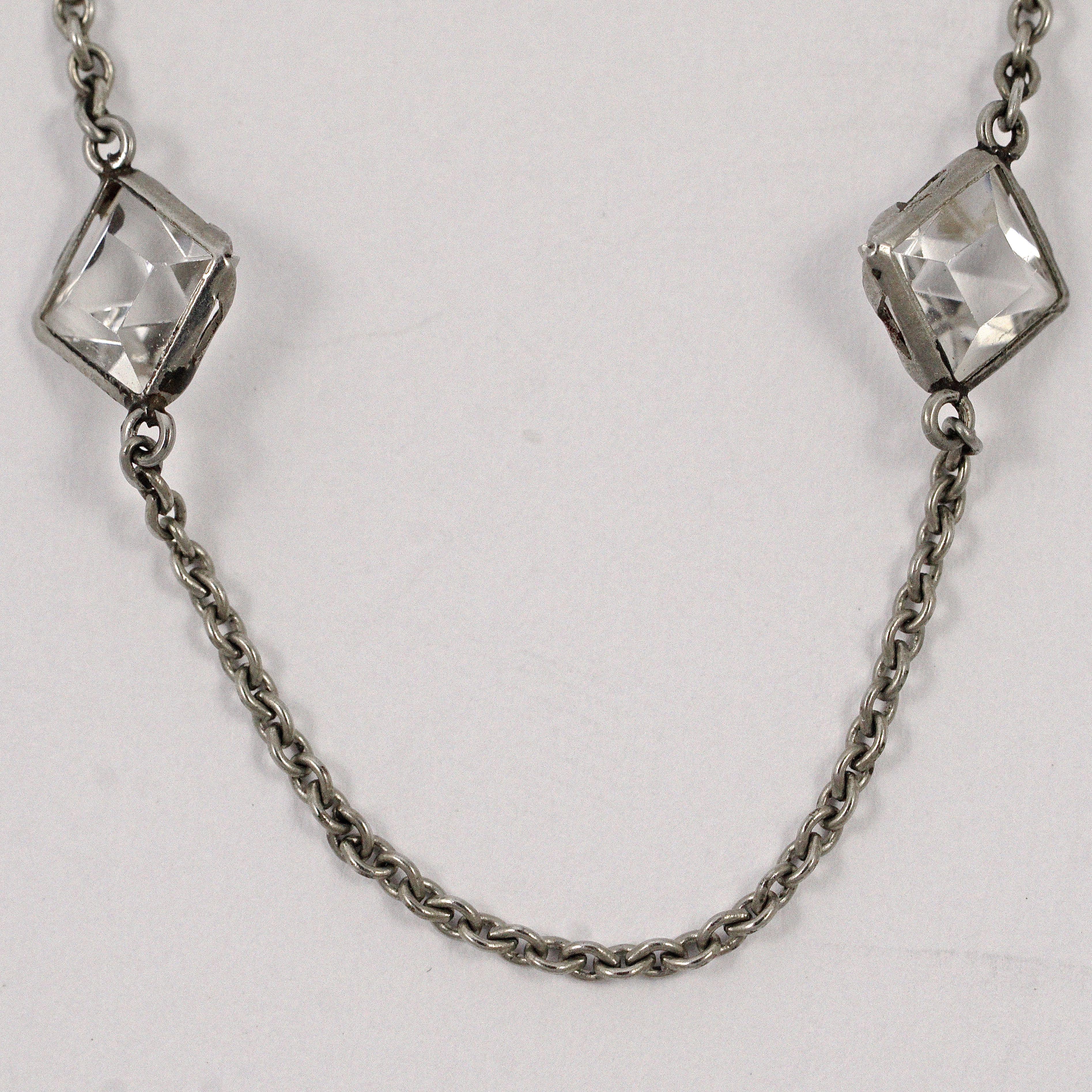 Women's or Men's Art Deco Platinon Chain Necklace with Square Bezel Set Clear Crystals  For Sale