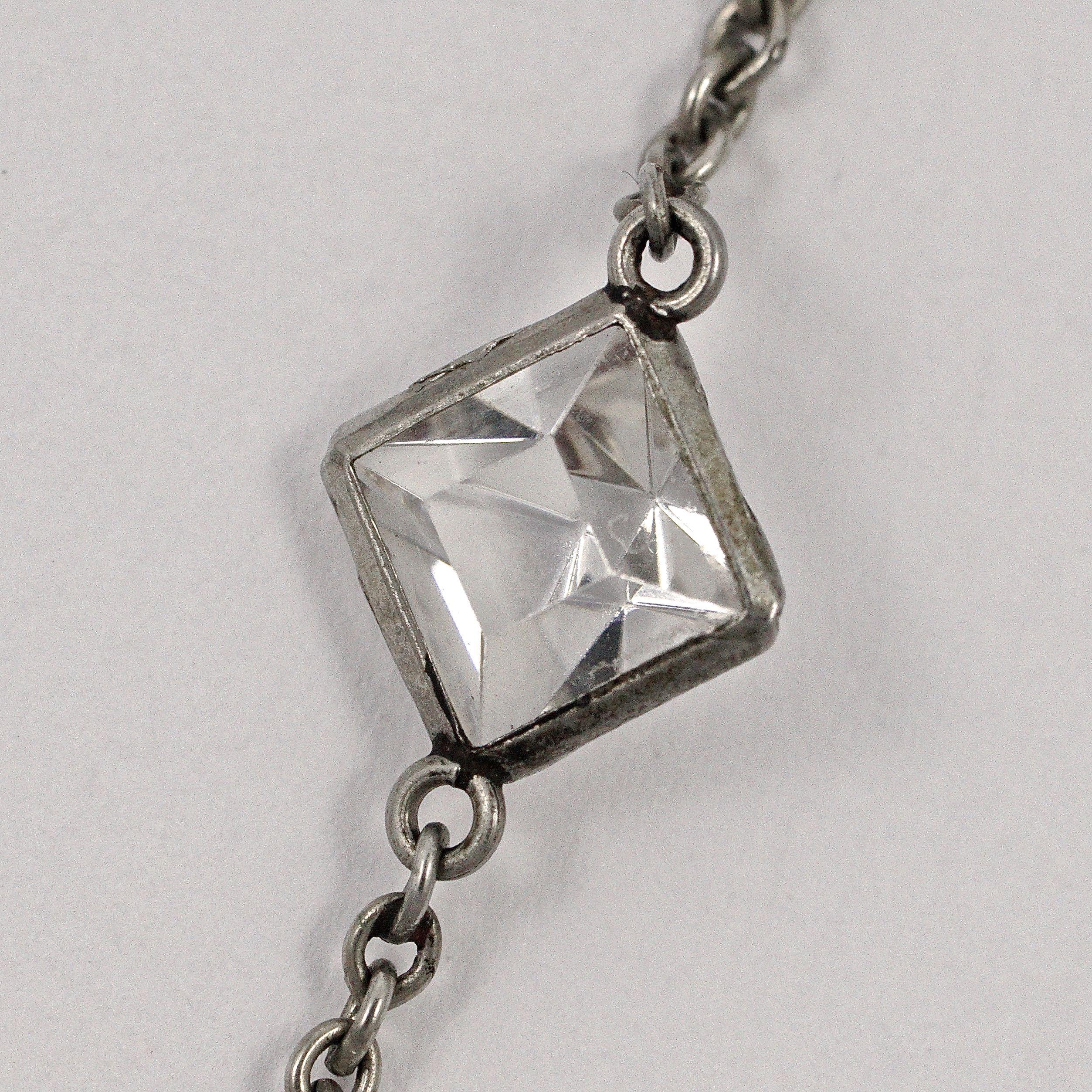 Art Deco Platinon Chain Necklace with Square Bezel Set Clear Crystals  For Sale 1
