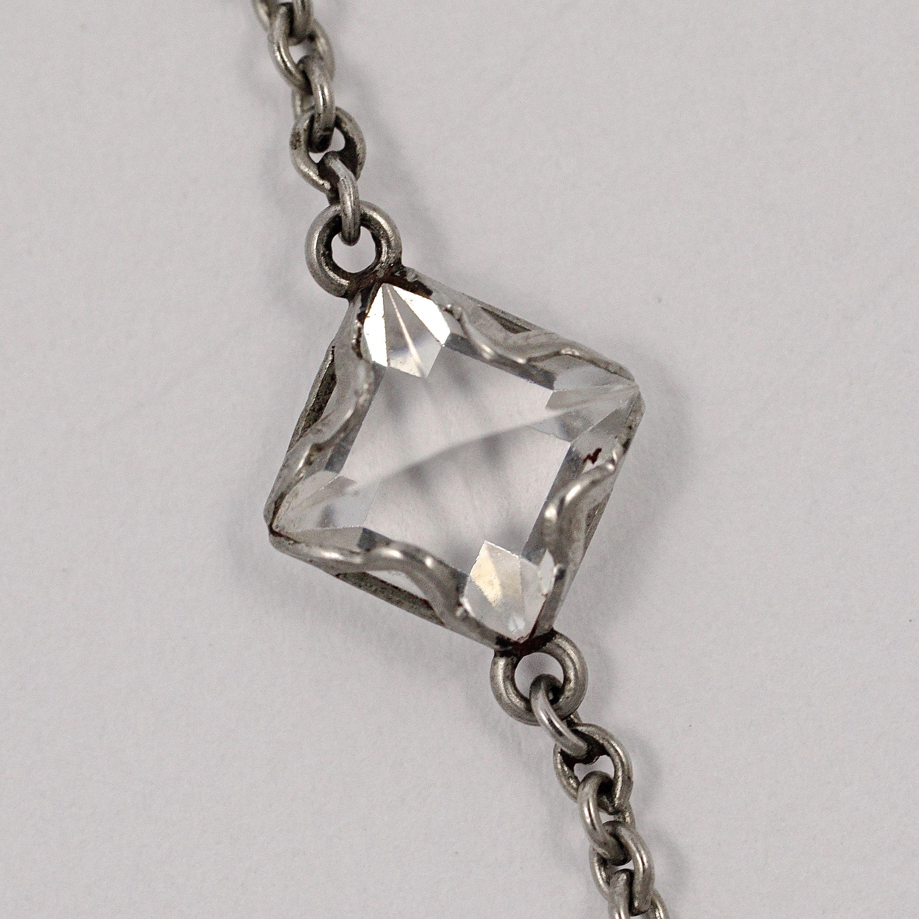 Art Deco Platinon Chain Necklace with Square Bezel Set Clear Crystals  For Sale 2