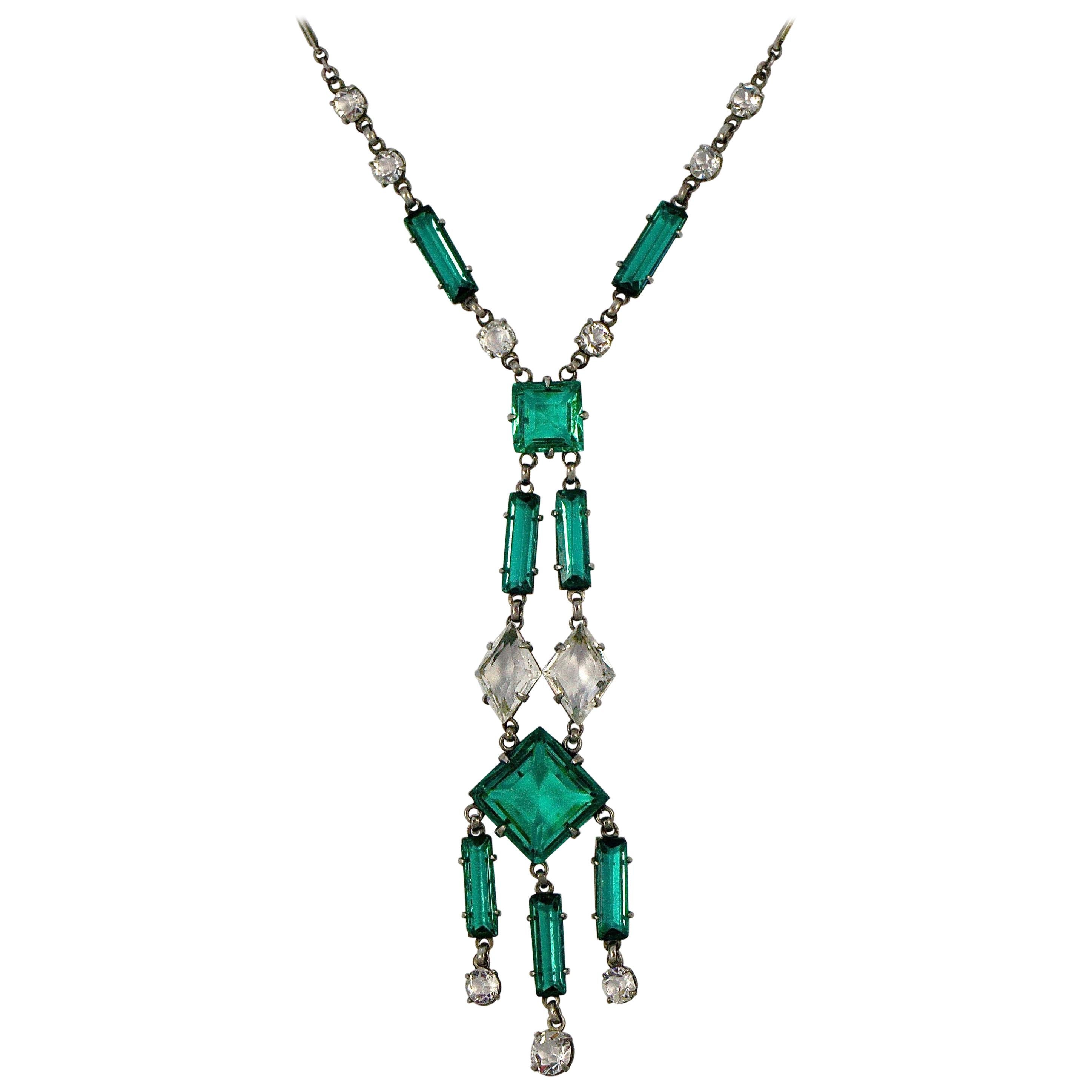 Art Deco Platinon Drop Pendant Link Necklace with Sea Green and Clear Crystals  For Sale
