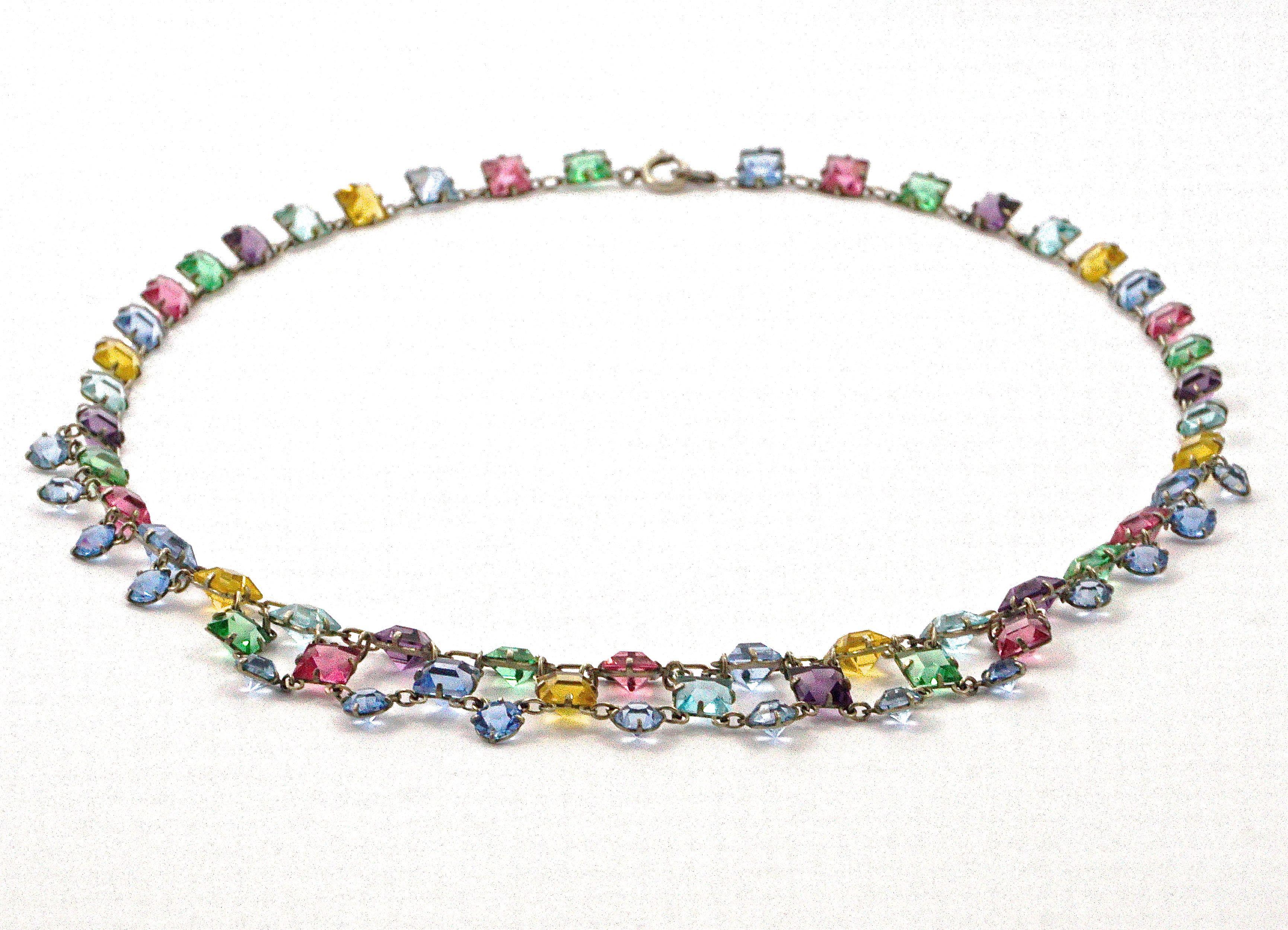 Art Deco Platinon Harlequin Crystal Link Necklace circa 1920s For Sale 5