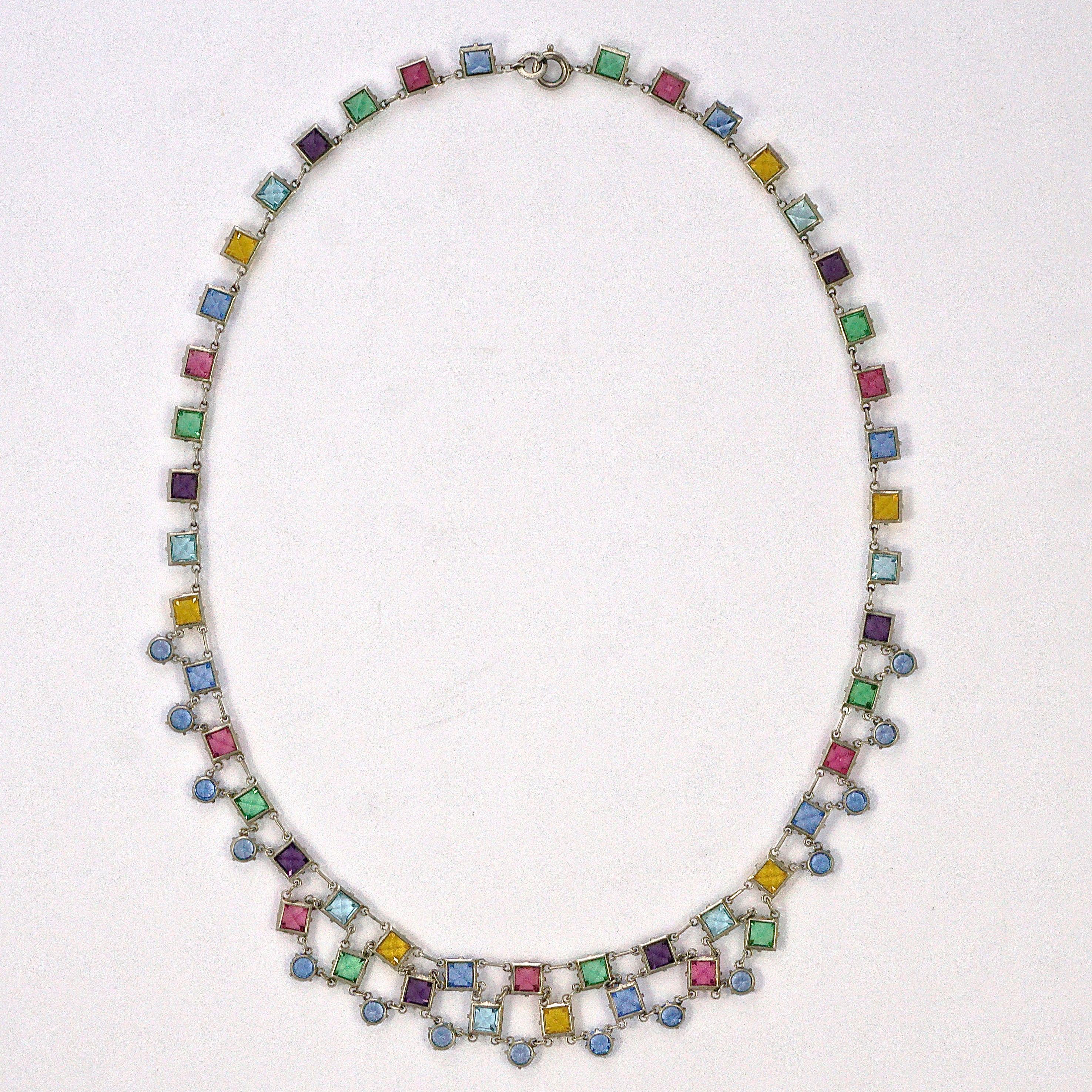Art Deco Platinon Harlequin Crystal Link Necklace circa 1920s 6
