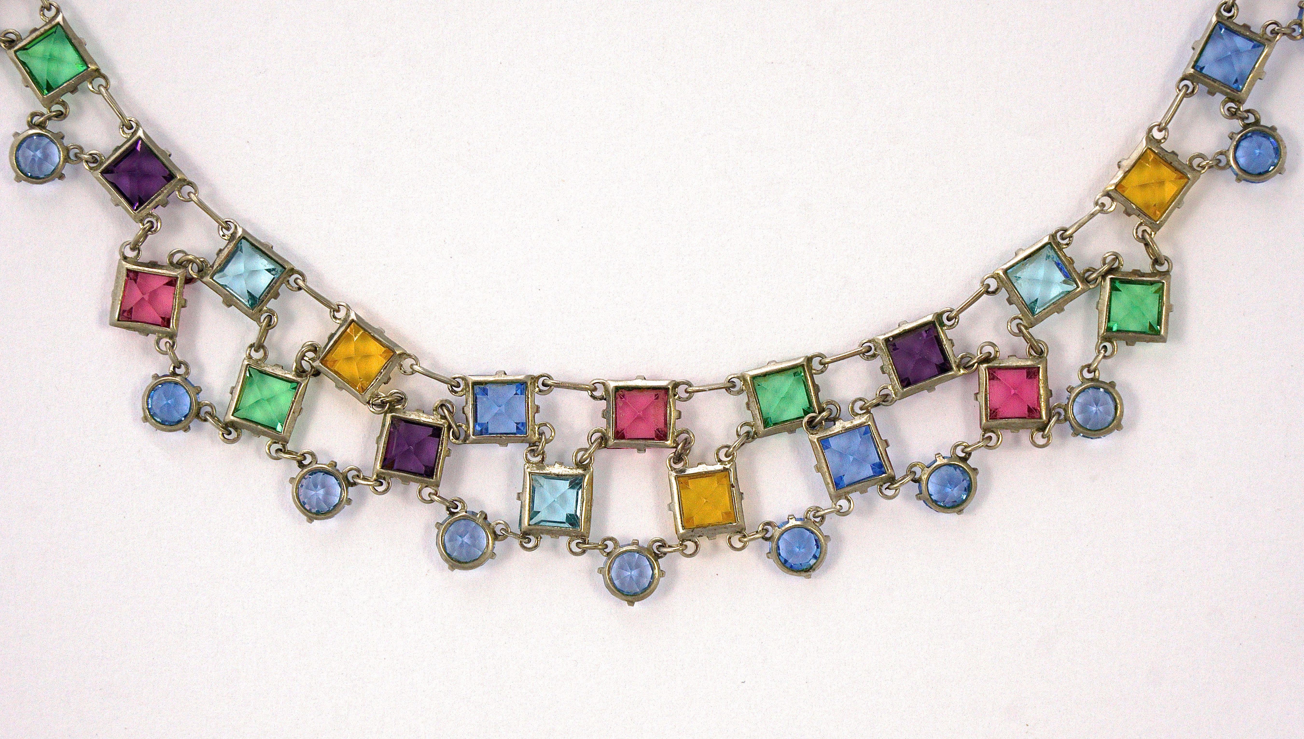 Art Deco Platinon Harlequin Crystal Link Necklace circa 1920s For Sale 7
