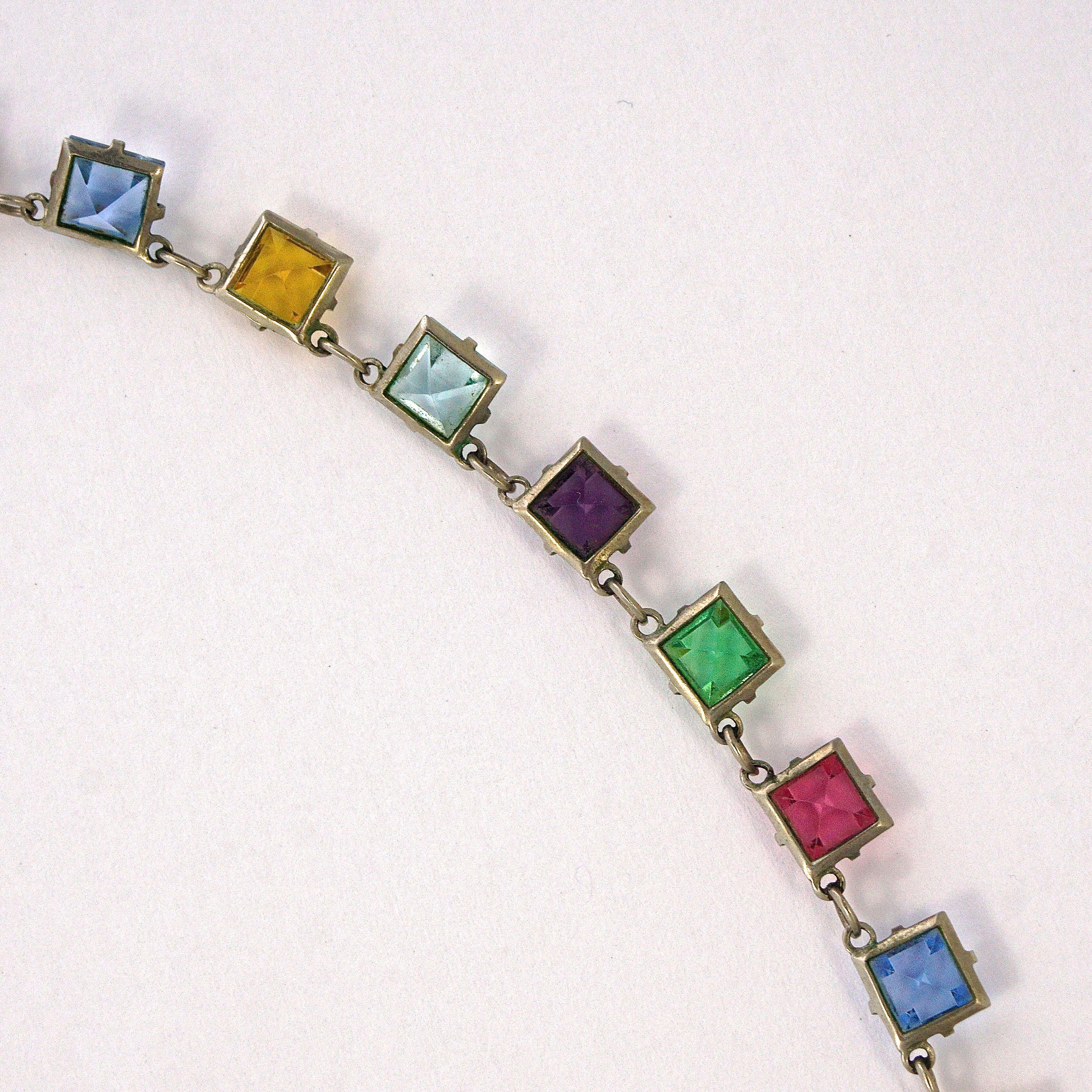 Art Deco Platinon Harlequin Crystal Link Necklace circa 1920s For Sale 8