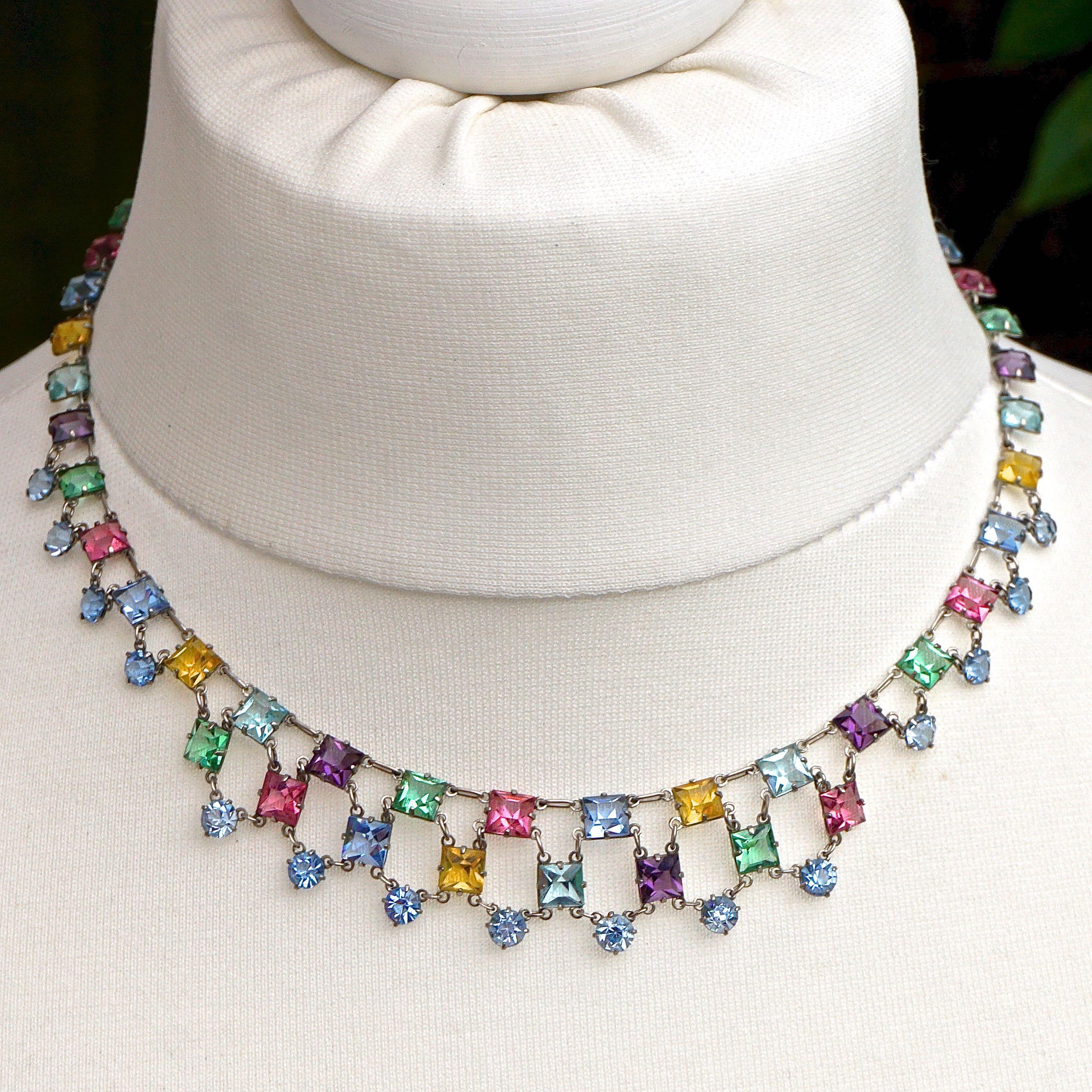 Women's or Men's Art Deco Platinon Harlequin Crystal Link Necklace circa 1920s For Sale