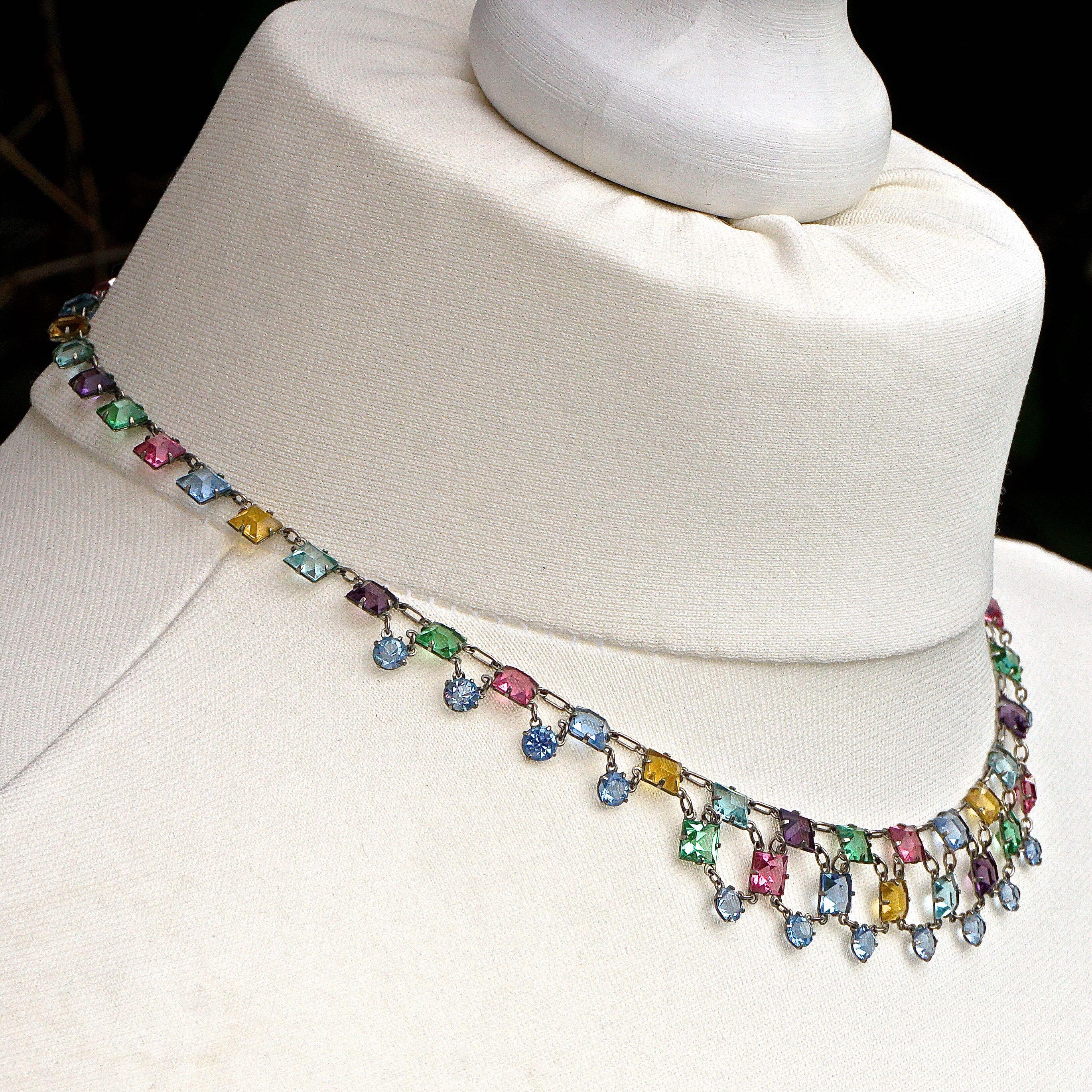 Art Deco Platinon Harlequin Crystal Link Necklace circa 1920s For Sale 1