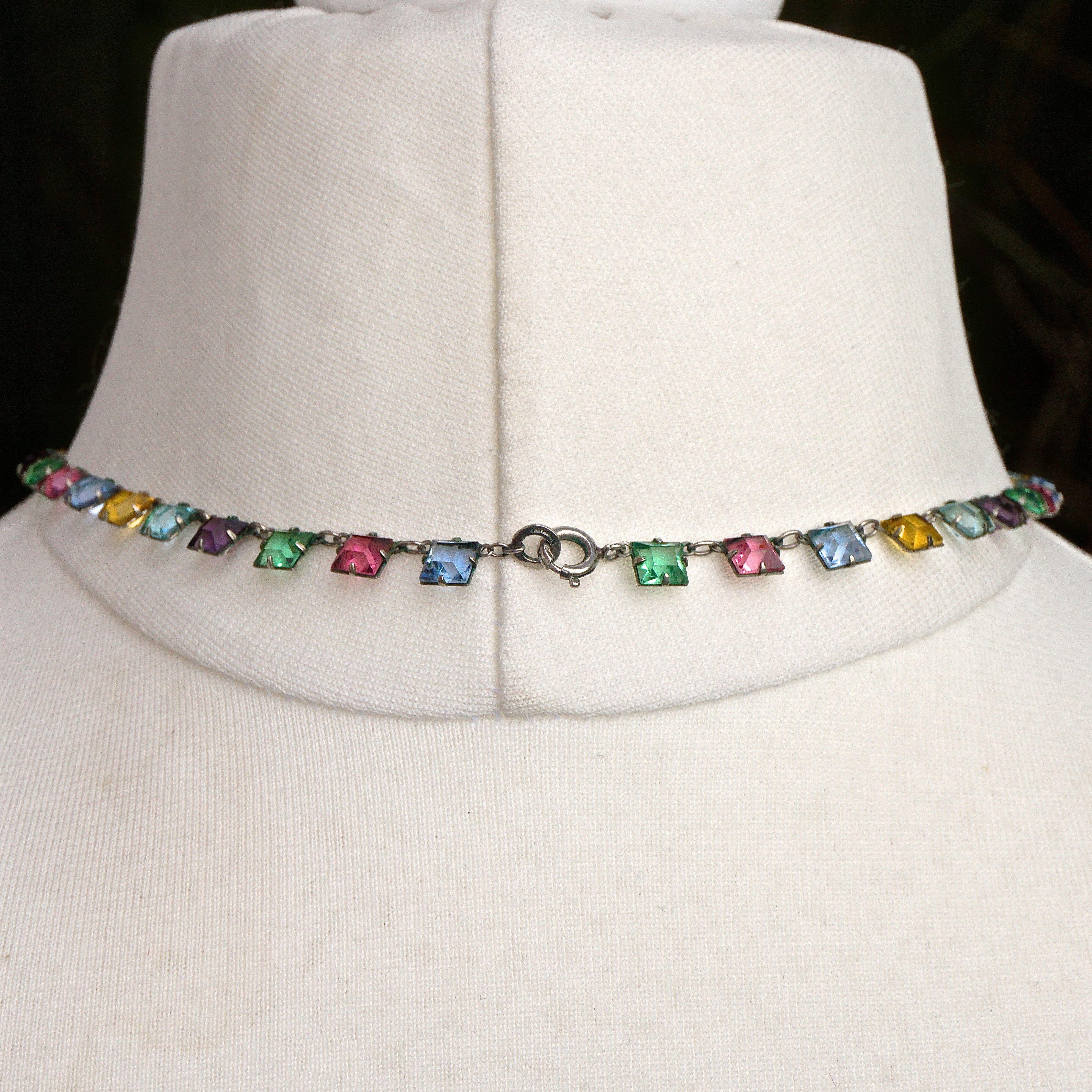 Art Deco Platinon Harlequin Crystal Link Necklace circa 1920s 2