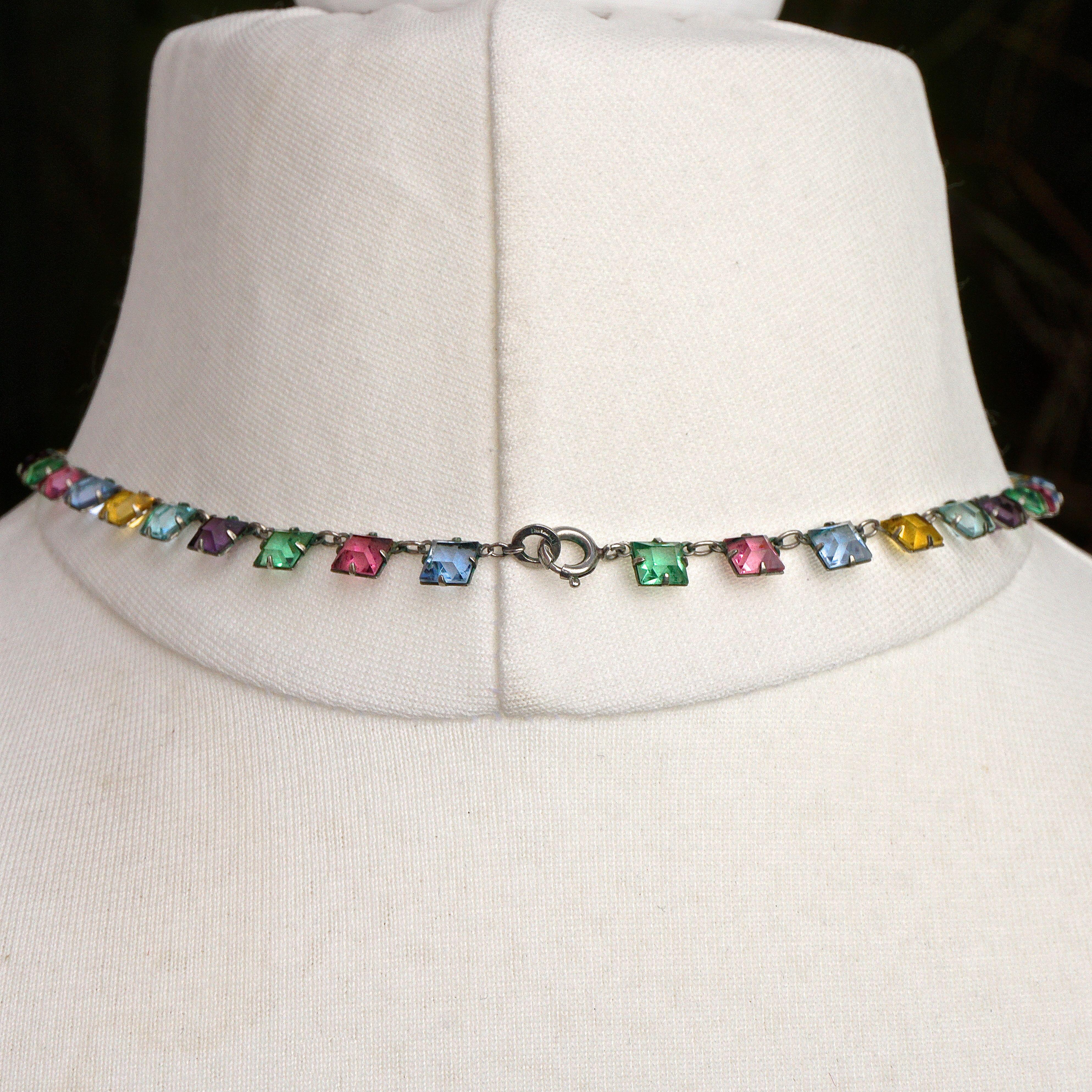 Art Deco Platinon Harlequin Crystal Link Necklace circa 1920s For Sale 2