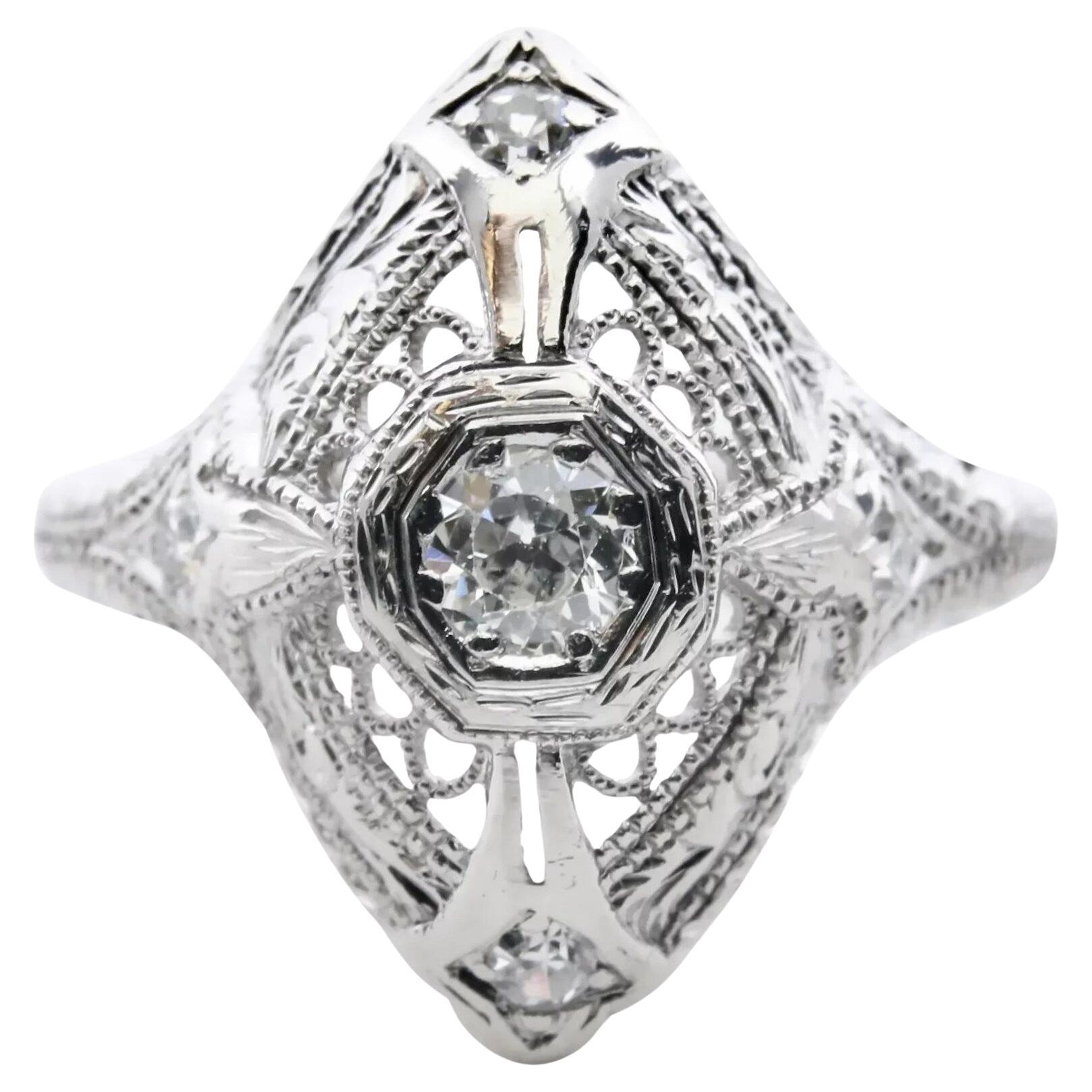 Art Deco Platinum & 0.34ctw Diamond Scroll Motif Filigree Ring For Sale