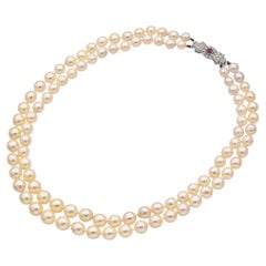 Art Deco Platinum 0.47 TCW Diamond & Ruby Cultured Pearl Double Strand Necklace
