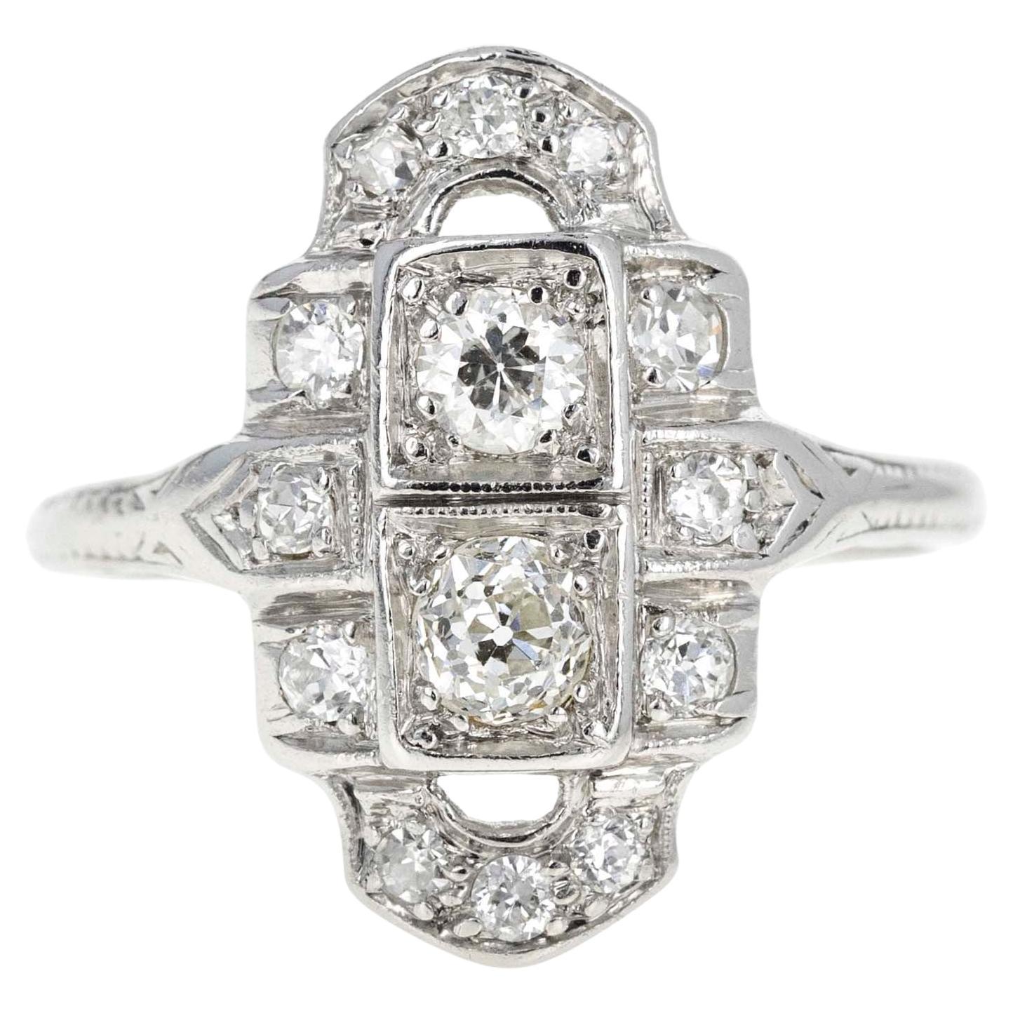 Art Deco Platinum 0.50 Carat Old European Diamond Shield Ring