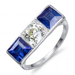 Art Deco Platinum 0.50ct L Vs1 Old Euro Diamond and Sapphire Ring