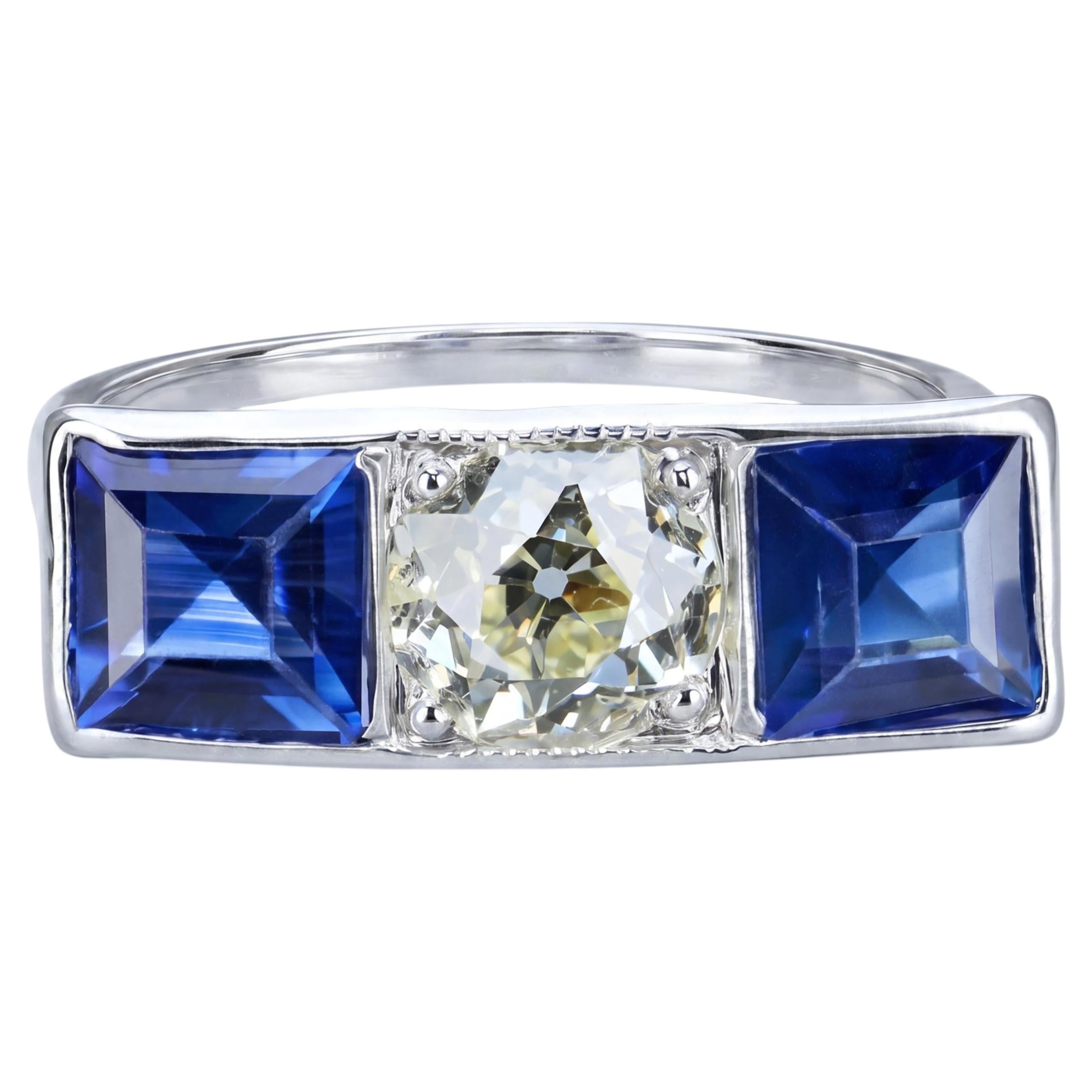 Art-Déco-Ring aus Platin mit einem 0,50-Karat-Diamanten (L, VS1, Old Euro Cut) und Saphiren