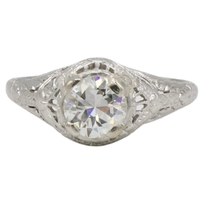 Bague de fiançailles Art déco en platine avec diamant naturel de taille européenne ancienne de 0.88 carat en vente