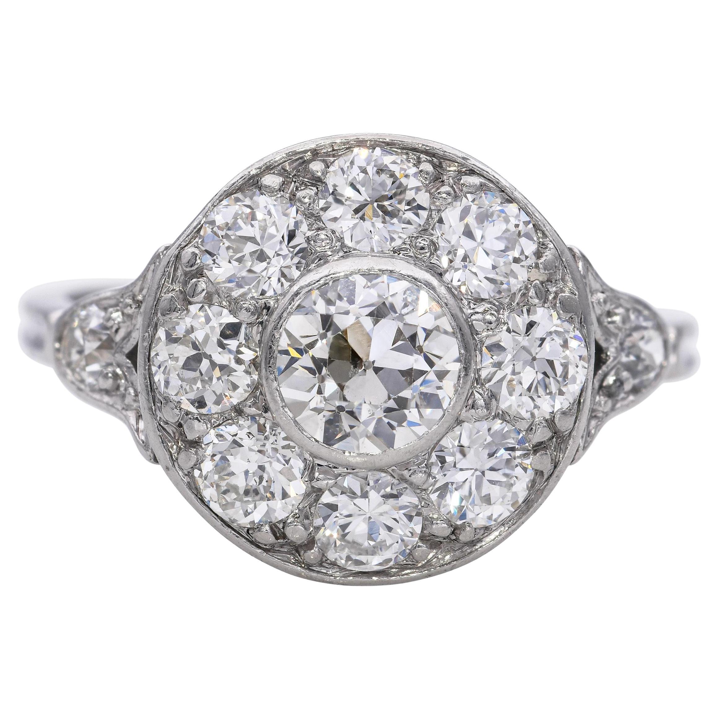 Anello aureola in platino Art Deco con diamante vecchio taglio europeo da 0,95tcw in vendita