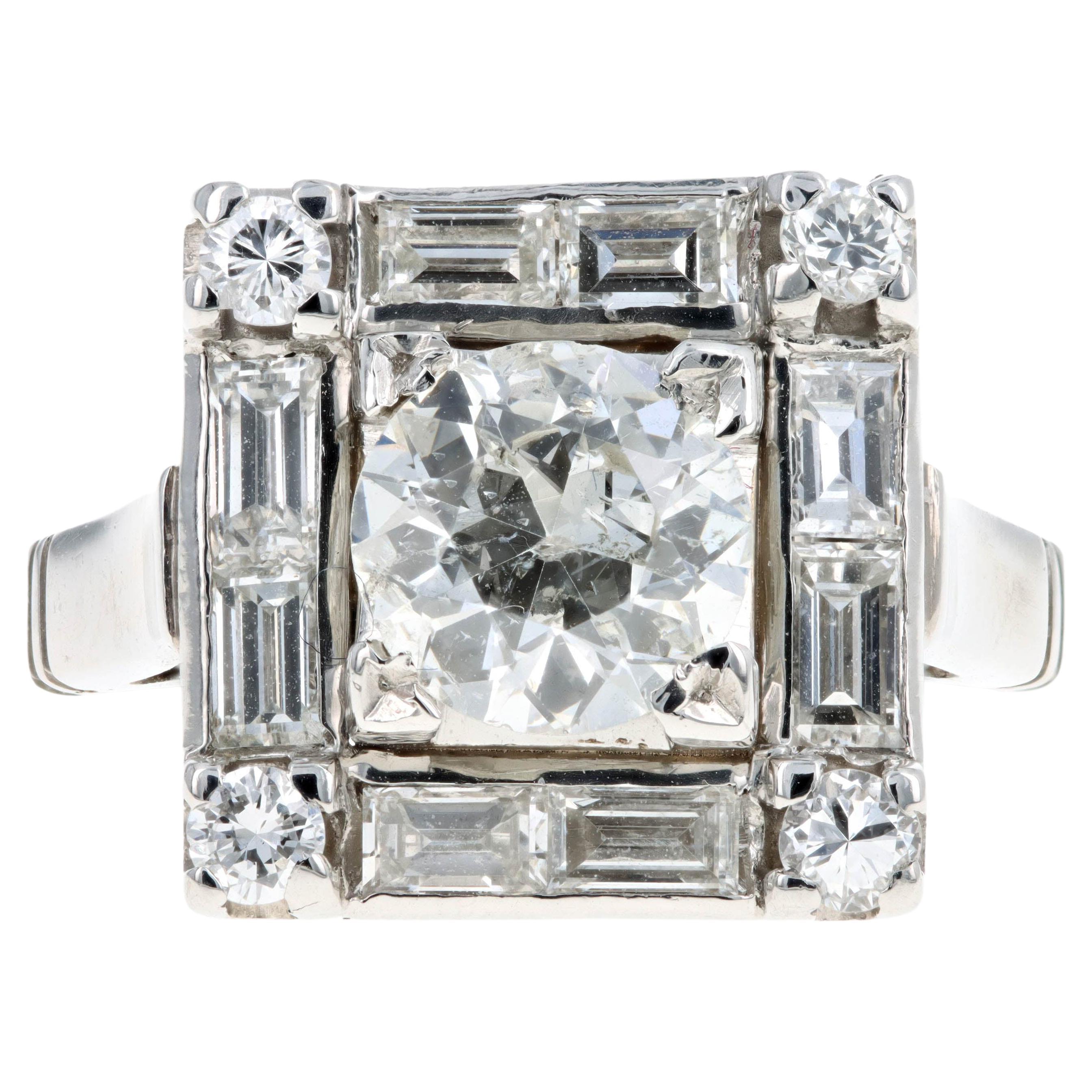 Art Deco Platinum 1 Carat Old European Cut Diamond Baguette Halo Ring