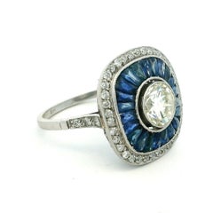 Art Deco Platinum 1.00 Carat Old-Cut Diamond Calibré Sapphire Target Ring